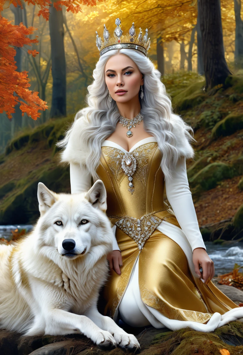 Masterpiece, A beautiful queen, crowned with gold and diamonds sits in the forest in autumn, accompanied by a large white wolf, on the edge of a clear and very beautiful river, Illustration in high definition at 4k resolution, with very detailed facial features and realistic visual style.