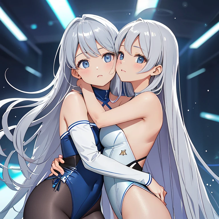 ((masterpiece、top-quality:1.5、a high chroma:1.5、ultra-detailliert、high-resolution illustrations:1.5、Ultra-high-definition CG、8k size wallpaper、offcial art))、(1girl),(cute face:1.5)、(clear face:1.3),
(silver-only color scheme:1.5), (blue-only color scheme:1.5),(sexy body),(One only wears silver, one only wears blue),(strapless leotard),(long hair), ((small breasts))、
,(yuri),(hug)、(upper body)、