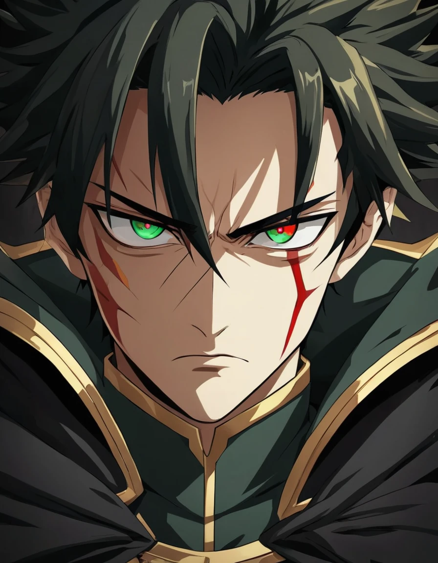 Close-up of (male anime character:1.3), (intense gaze:1.2), (dual-colored eyes:1.3) with one red and one green, spiky black hair, furrowed brows, (serious expression:1.2), shadowed face, (black cloak with golden trim:1.1), visible scar over left eyebrow, high-detail digital illustration, (dark background:1.1), anime style, strong facial features, contrasting colors, focused demeanor,