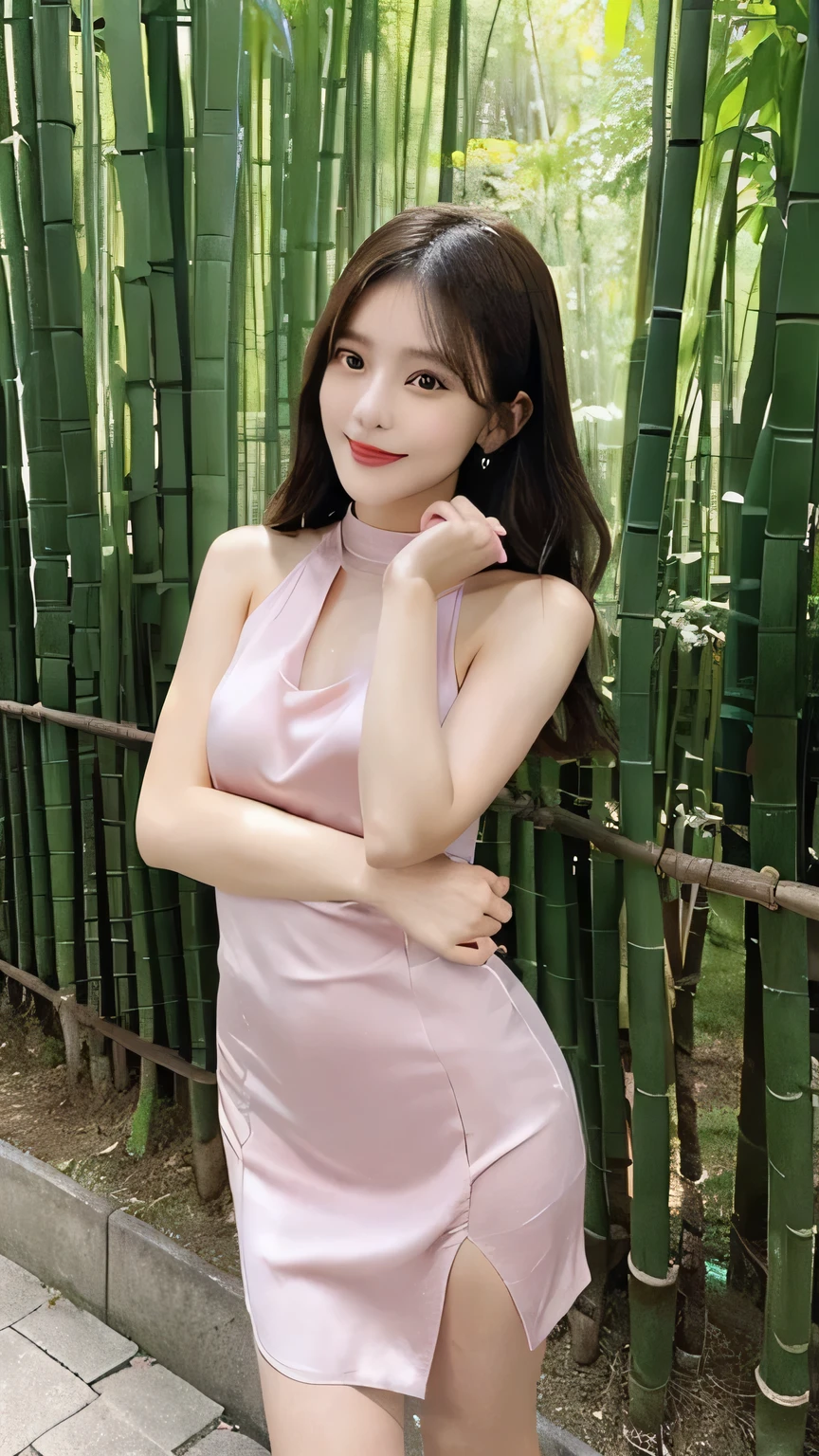lady 1people,(full body figure:1.2),(nine heads and bodies:2.0), small butt,(thin thighs),(long and thin legs: 2.0),(Knees Stretch:2.0),stand with legs closed,(height 2/3 is the leg:2.0), (light cherry color pumps:1.2), (Tight casual dress made of light cherry color silk :1.3), light cherry color choker, 25 years old, cute sexy little face, light red lips, parted lips, sexy face, sexy young woman, Beautiful smile, Medium chest, slender body shape, tight waist, beautiful hands, thin shoulders, look at the audience, standing position, bamboo forest morning