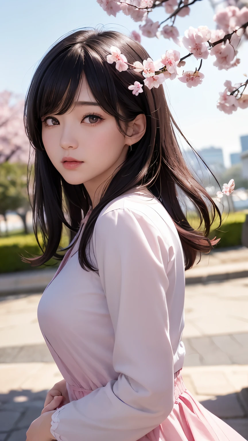 (A logo、​masterpiece、8K、masutepiece、Raw photo、Fantastic、Best Quality、Photorealistic and ighly detailed CG integrated 8k wallpaper、hightquality、ighly detailed、epic poem、Particle effect、Dynamic effects、depth of fields、Cinematic Light、Lens Flare、Ray tracing)、Fantasia、 (Beauty 1 person、doress、Dress、Cherry blossom pattern、A dark-haired、Beautiful face、Real Face、beautiful details eyes beautiful skin)、my hair dances in the wind、Hair flutters in the wind、Hair jumps、Pink cherry blossom tree、Petals flutter、Sakura blizzard、Superb view、morning glow、Sun in the background、the wind、