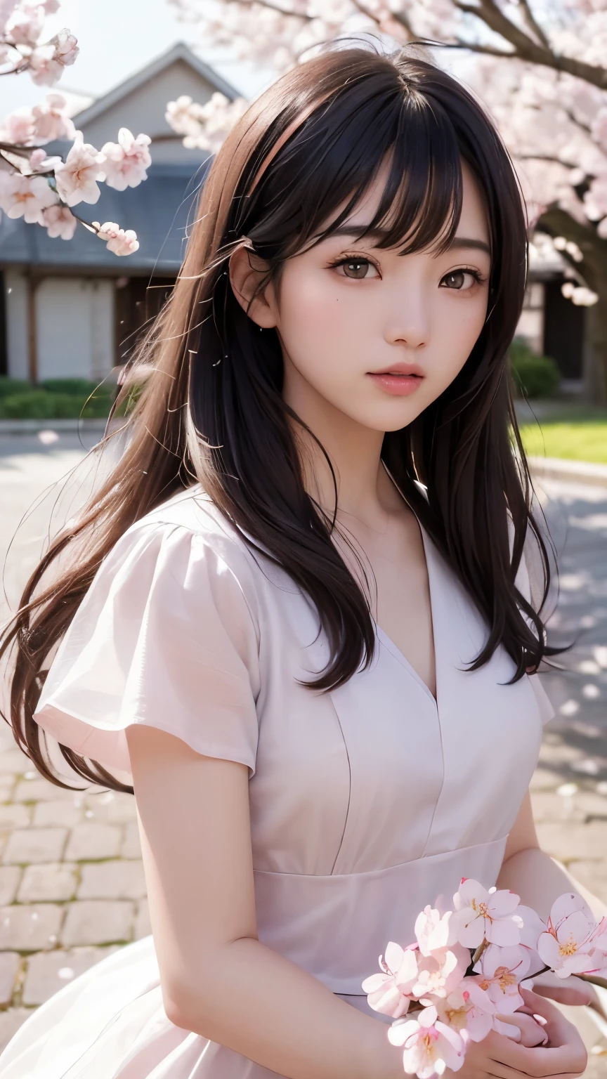 (A logo、masterpiece、8K、masutepiece、Raw photo、Fantastic、Best Quality、Photorealistic and ighly detailed CG integrated 8k wallpaper、hightquality、ighly detailed、epic poem、Particle effect、Dynamic effects、depth of fields、Cinematic Light、Lens Flare、Ray tracing)、Fantasia、 (Beauty 1 person、doress、Dress、Cherry blossom pattern、A dark-haired、Beautiful face、Real Face、beautiful details eyes beautiful skin)、my hair dances in the wind、Hair flutters in the wind、Hair jumps、Pink cherry blossom tree、Petals flutter、Sakura blizzard、Superb view、morning glow、Sun in the background、the wind、
