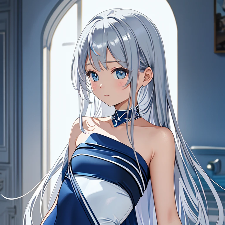 ((​masterpiece、top-quality:1.5、a high chroma:1.5、ultra-detailliert、high-resolution illustrations:1.5、Ultra-high-definition CG、8k size wallpaper、offcial art))、(1girl),(cute face:1.5)、(clear face:1.3),
(silver-only color scheme:1.5), (blue-only color scheme:1.5),(sexy body),(One only wears silver, one only wears blue),(strapless leotard),(long hair), ((small breasts))、
(upper body)、