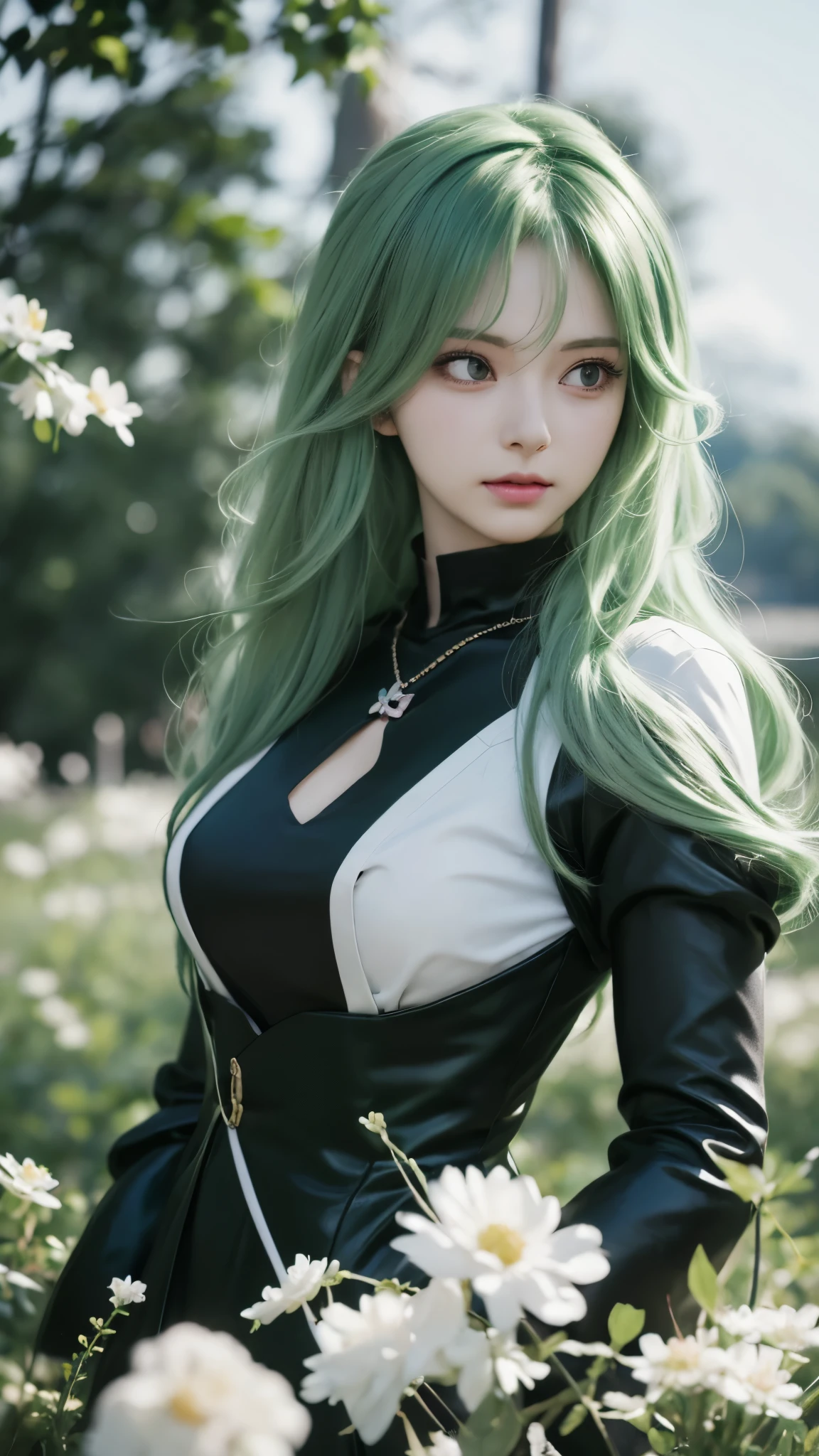 anime girl with green hair and black dress in a field, tatsumaki, tatsumaki with green curly hair, tatsumaki from one punch man, nagito komaeda, anime style 4 k, demon slayer rui fanart, epic anime style, stylized anime, anime styled digital art, digital art from danganronpa, anime moe artstyle