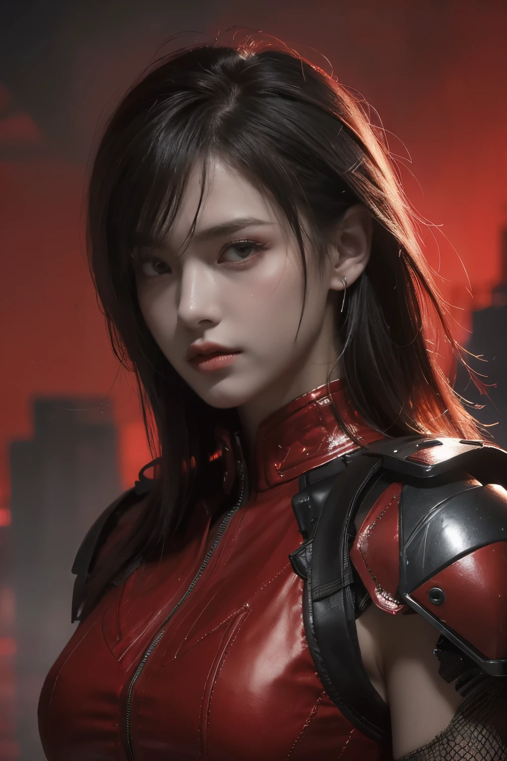 tmasterpiece,Best quality,A high resolution,8K,(Portrait photograph:1.5),(ROriginal photo),real photograph,digital photography,(Combination of cyberpunk and fantasy style),(Female soldier),20 year old girl,random hair style,By bangs,(Red eyeigchest, accessories,Redlip,(He frowned,Sneer),(Cyberpunk combined with fantasy style clothing,Openwork design,joint armor,police uniforms,Red clothes,red colour),exposing your navel,Photo pose,Realisticstyle,Thunder and lightning on rainy day,(Thunder magic),oc render reflection texture