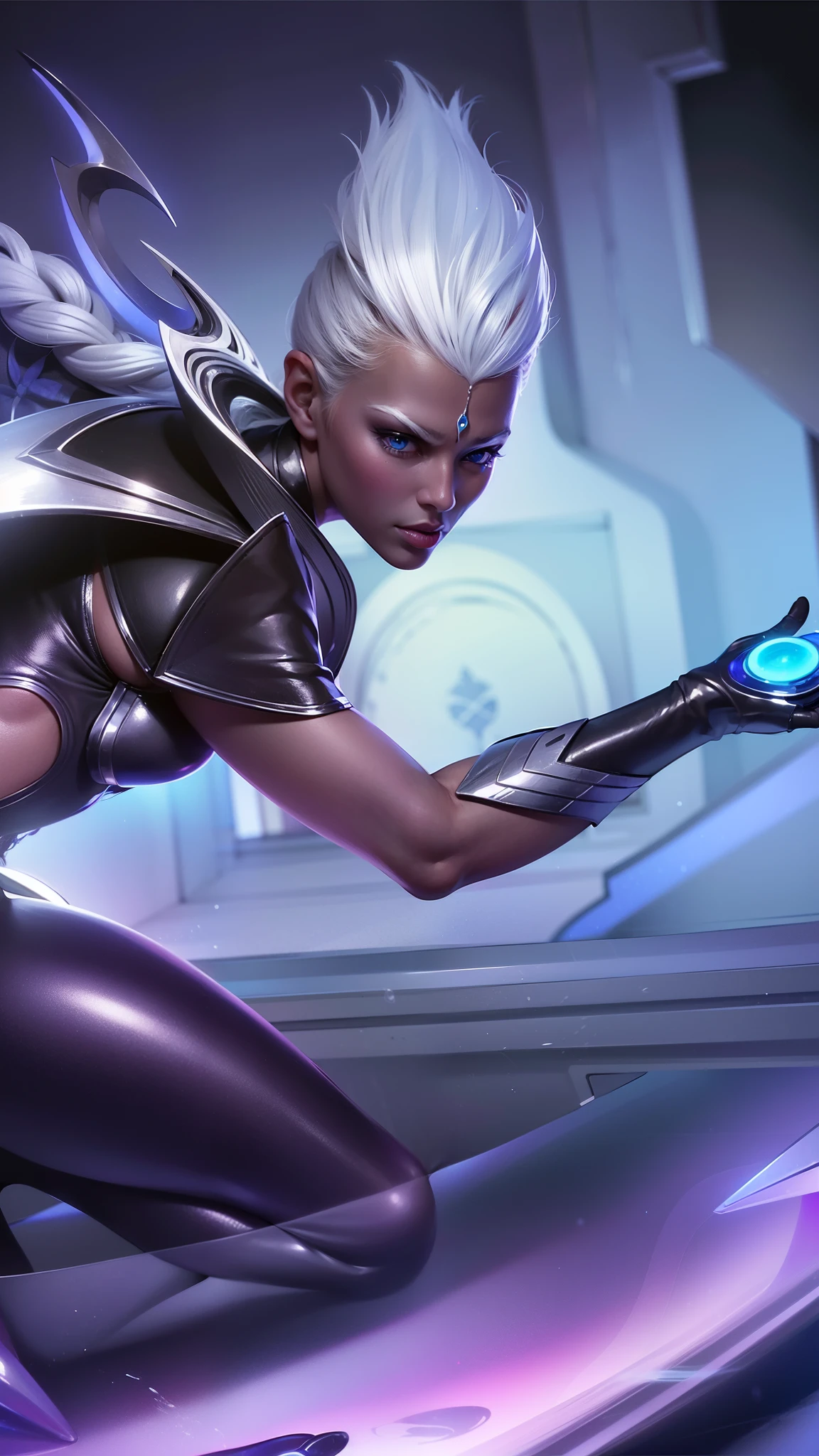 Woman a black outfit holding a blue light, platinum skin, 8k, ultra hd, ultra detailed texture, hyper realistic, masterpiece, detailed texture, detailed face, detailed skin, detailed lighting, (photorealistic:1.5), best quality, beautiful lighting, cinematic lighting, professional lighting, ultra highres, realistic, detailed hair, real hair, high quality, (realskin:1.5), extremely detailed, finely detail, ultra-detailed, white hair, blue eyes.