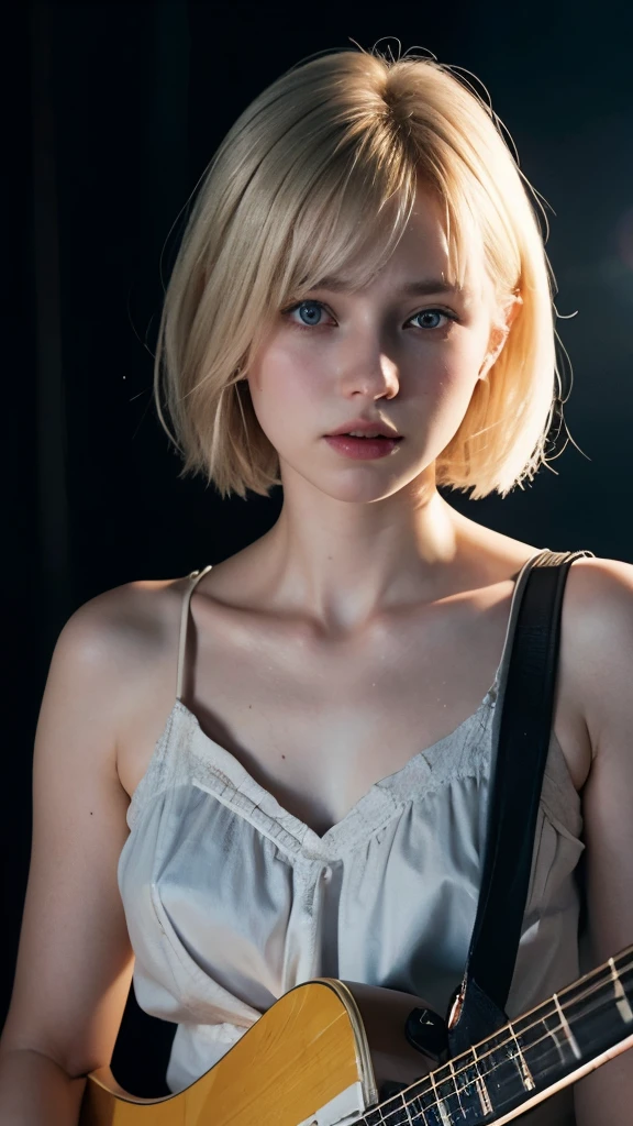 A short blonde haired sweden girl, bob cut, bang, blue eyes, 14 years old, young, pale skin, wearing a white silky dress, feeling anxiety, sad, sweaty, Ultra high res, uhd, (photorealistic:1.4), close up, doll-like face, in a dark room dramatic lighting, playing guitar, guitar, electric guitar