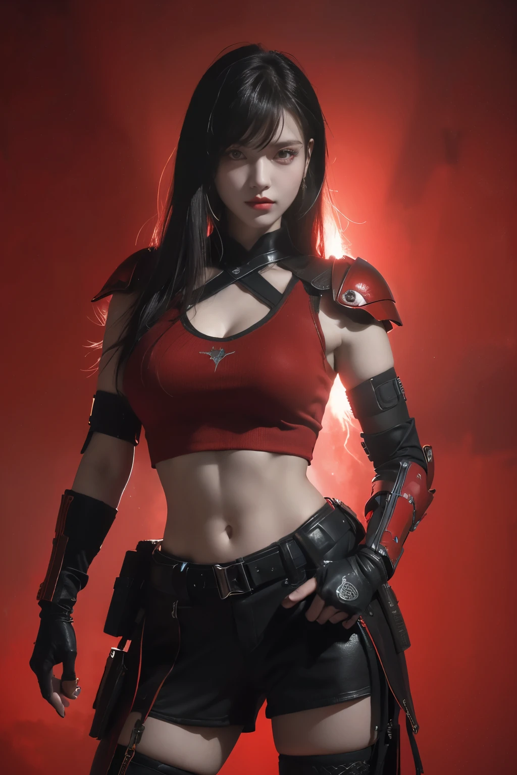 tmasterpiece,Best quality,A high resolution,8K,(Portrait photograph:1.5),(ROriginal photo),real photograph,digital photography,(Combination of cyberpunk and fantasy style),(Female soldier),20 year old girl,random hair style,By bangs,(Red eyeigchest, accessories,Redlip,(He frowned,Sneer),(Cyberpunk combined with fantasy style clothing,Openwork design,joint armor,police uniforms,Red clothes,red colour),exposing your navel,Photo pose,Realisticstyle,Thunder and lightning on rainy day,(Thunder magic),oc render reflection texture