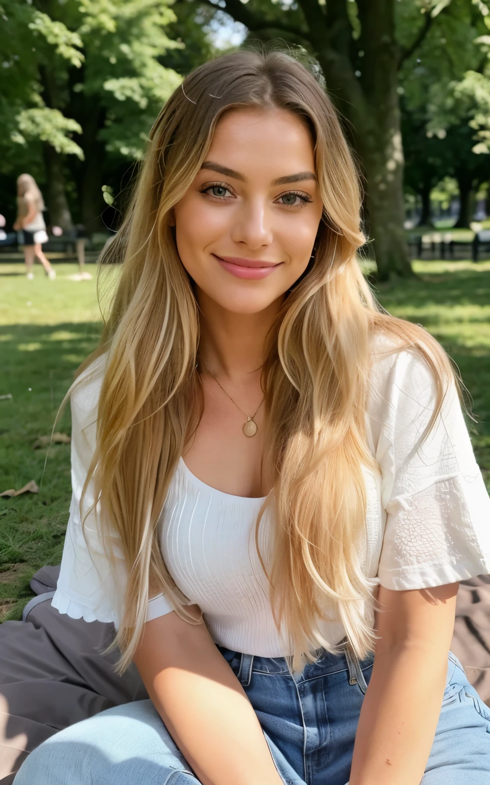 ((instagram foto))) Blonde influencer with natural wavy long hair, Influencer sits on a blanket in the park and holds a dog on her lap, while looking at the camera smiling. Ein Picknickkorb und ein paar Spielzeuge liegen neben ihnen auf der Decke, 8k, extremely detailed, Fotorealistisch, komplizierte Details, realistische Hauttextur, realistische Haare, Textur, Cheerful, 8k uhd, Best quality, high resolution, Detailgenauigkeit, big , 