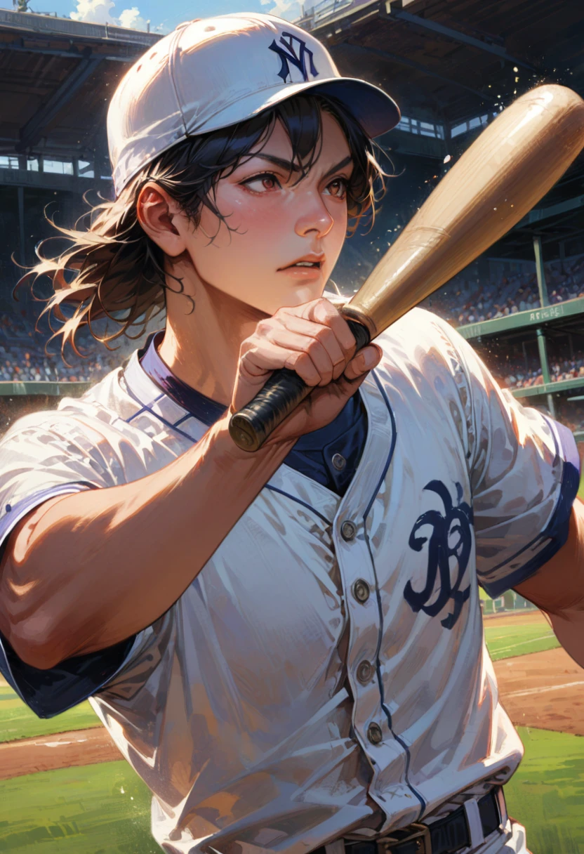 boy, Baseball cap, baseball field, Holding baseball bat, hitting baseball, by Tsukasa Hojo, realistic, detailed background, (masterpiece, best quality, perfect composition, very aesthetic, absurdres, ultra-detailed, intricate details, Professional, official art, Representative work:1.3), (Animagine:0.01)