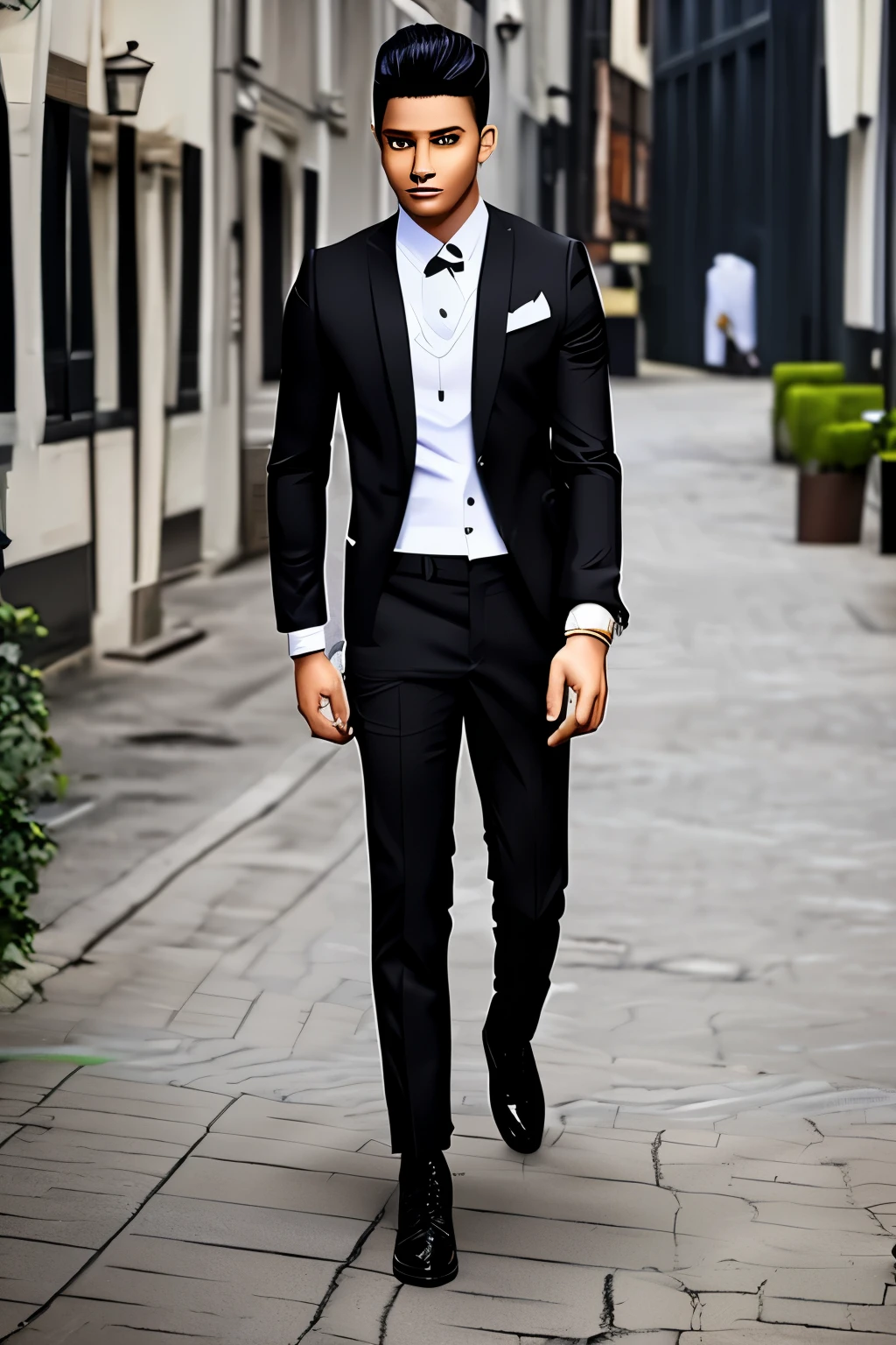 young man short hair, man,  White shirt, black hair, fashionable, young, black man, Zoro hairstyle, black hair, Suit，Clothes are tight