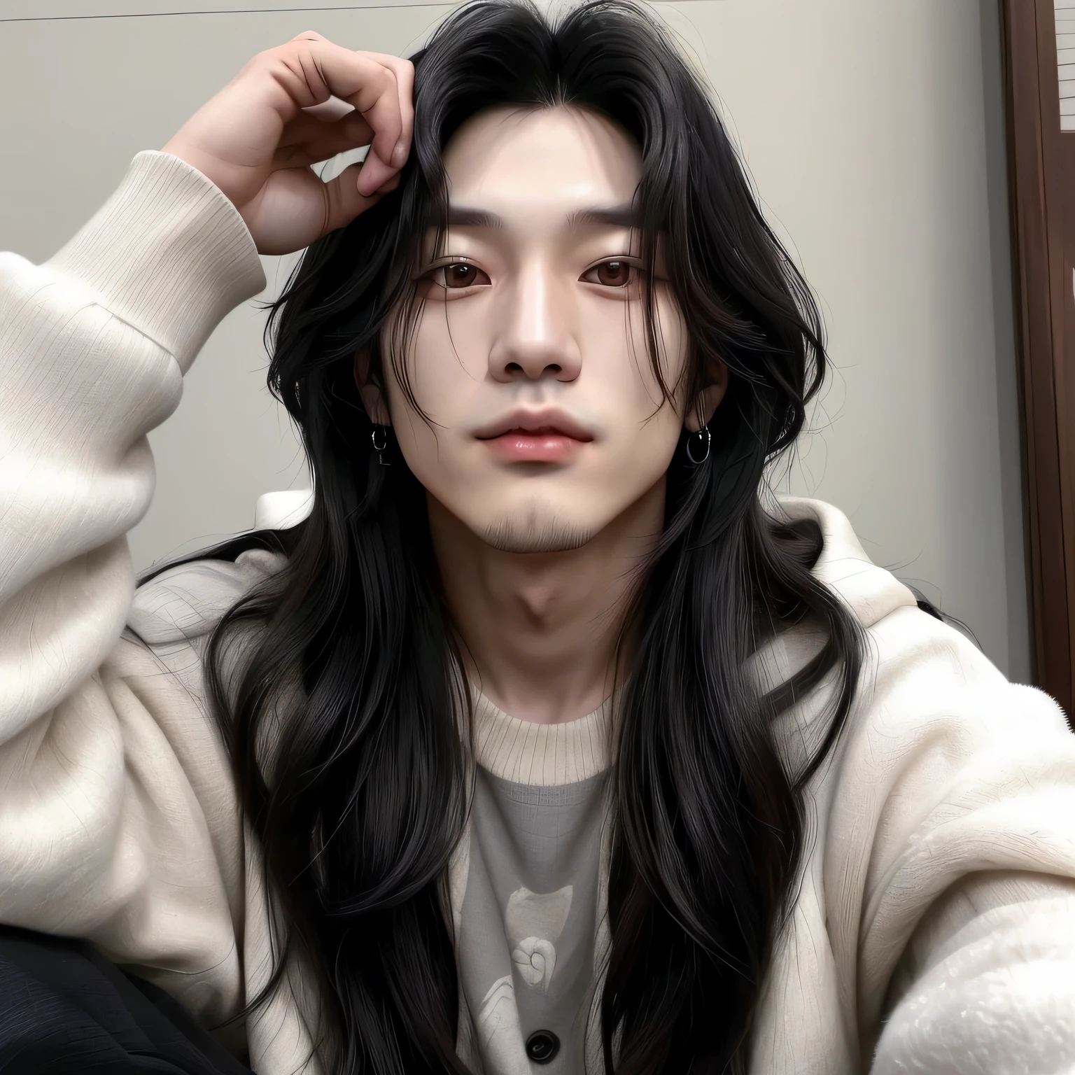 asian man with long black hair sitting, male ulzzang, south korean male, with long hair, inspired by jeon jungkook jungkook, jeon jungkook, young with long hair, with long dark hair, asian male, with his long black hair, inspired by jungkook from bts