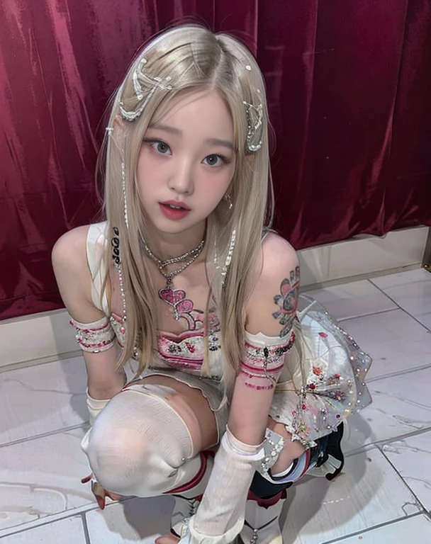 blond woman with long hair and tattoos crouching down on a white floor, lalisa manobal, roseanne park of blackpink, cl, shikamimi, portrait a woman like reol, lalisa manoban of blackpink, the hime cut, long white hair and bangs, by Ayami Kojima, portrait of jossi of blackpink, misa amane *