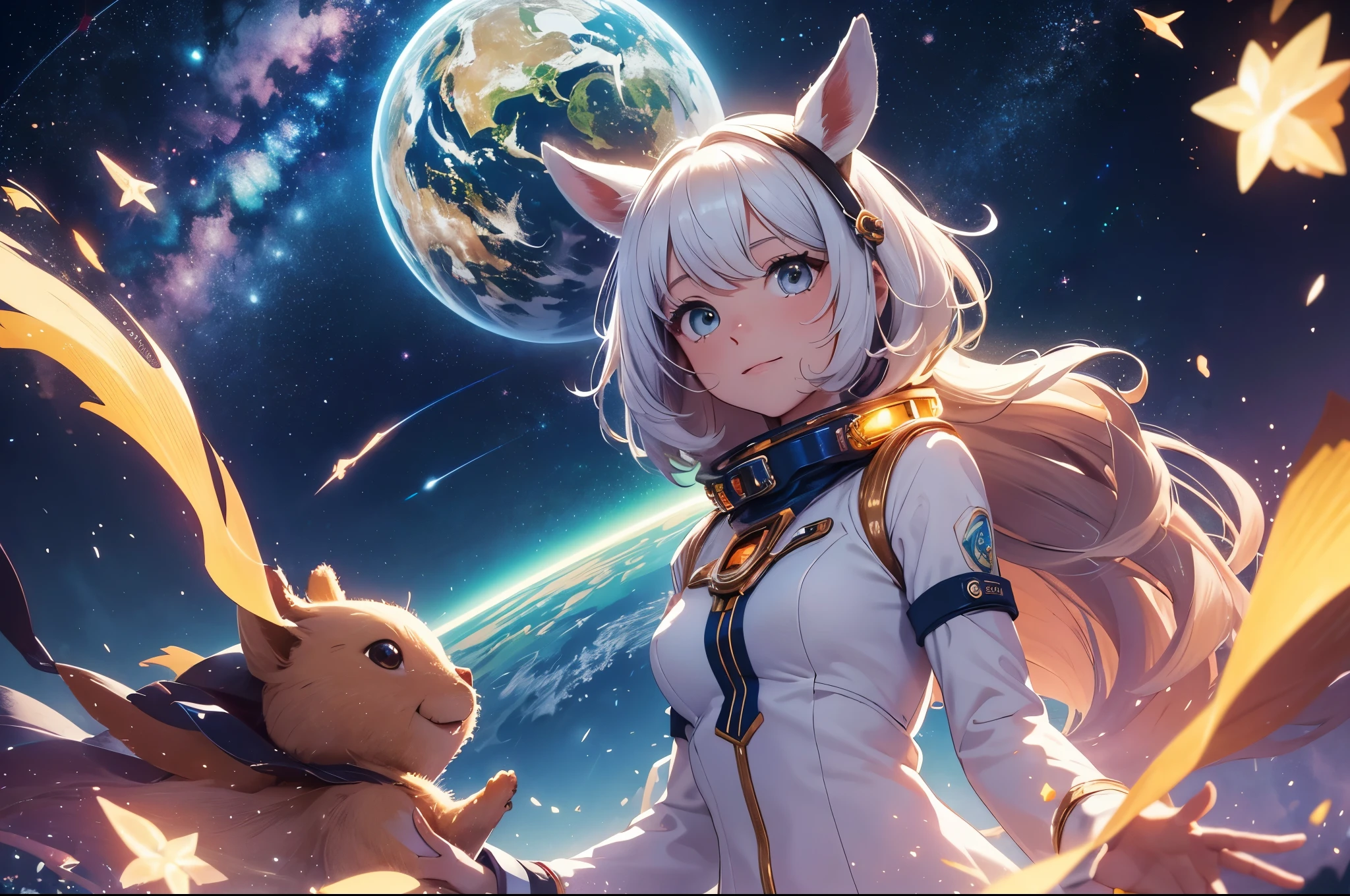 (best quality,4k,8k,highres,masterpiece:1.2),ultra-detailed,(realistic,photorealistic,photo-realistic:1.37),garota anime astronauta,galaxia,universo,planetas,coelhos fofos voando,roupa astronauta,stunning pastoral creation,vibrant outer space,visuais estonteantes,radiant starry sky,coelhos brilhantes pulando,magical galaxies dancing,mundos desconhecidos se revelando,paz celestial e calma inspiradora,harmonia entre humanidade e cosmos,space egress full of wonder and fascination,detalhes requintados do traje espacial,Captivating facial expressions, olhares curiosos olhando para o infinito,irresistible cosmic wonders,shiny hair floating in the vacuum of space,astronauta anime explorando o desconhecido,union of surreal and fantastic worlds,exciting combination of space adventure and cuteness,suavidade dos movimentos dos coelhos voadores,feeling of lightness and freedom,Vivid, vibrant colors illuminating the scene,enchanting atmosphere full of mystery,sparkling star formations,charming and friendly creatures,an intergalactic journey full of incredible discoveries
