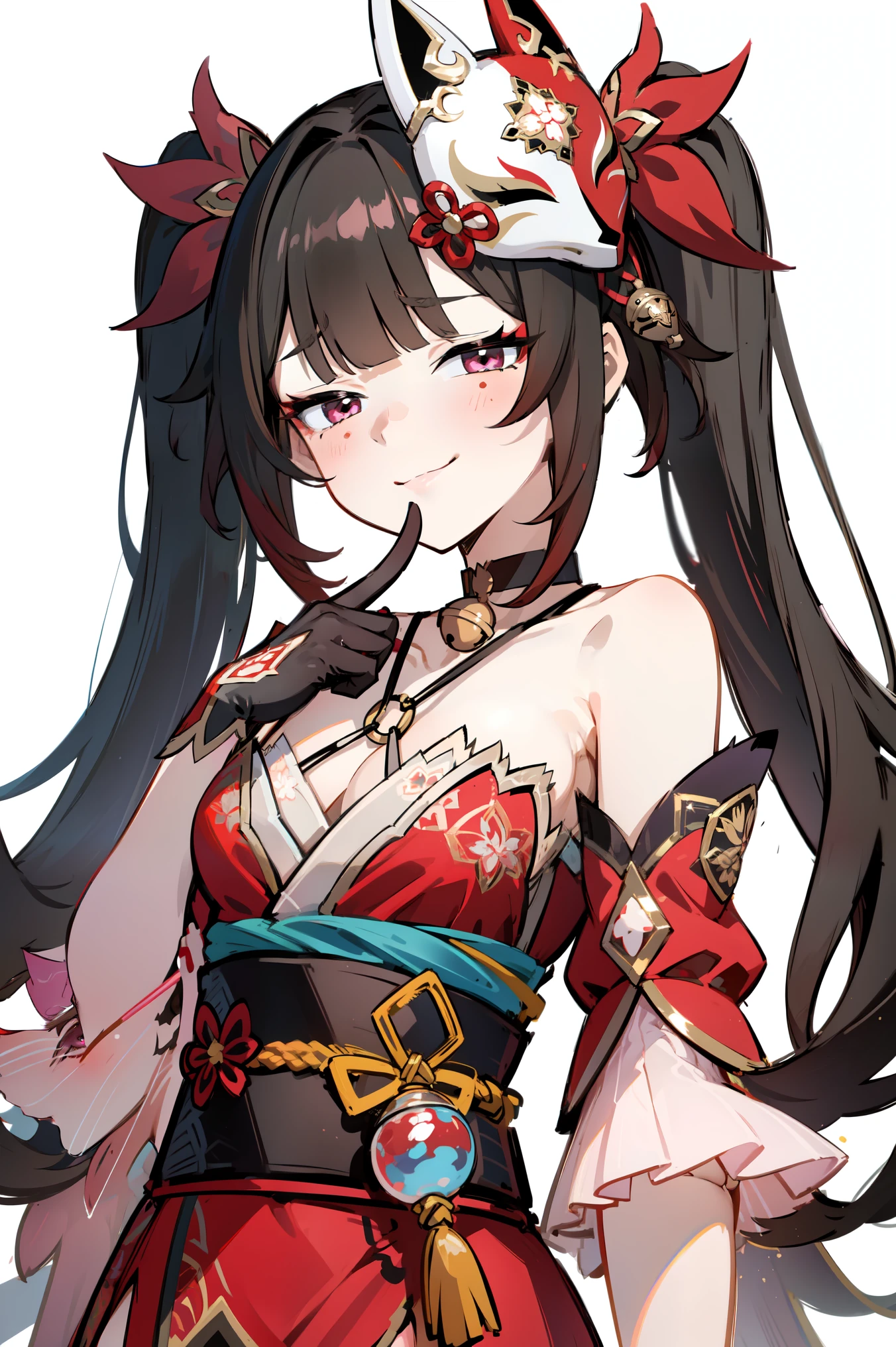 1girl, a girl standing with her finger on her own mouth, sparkle \(honkai: star rail\), small breasts, twintails, hair ornament, solo, off shoulder kimono, mask on head, detached sleeves, choker, obi, (glove), wristband, criss-cross halter, thigh strap, blush, upper body, (finger on own mouth) looking at viewer, gasping, ecstasy, seductive smile, wicked smile, smug, white background, masterpiece, best quality