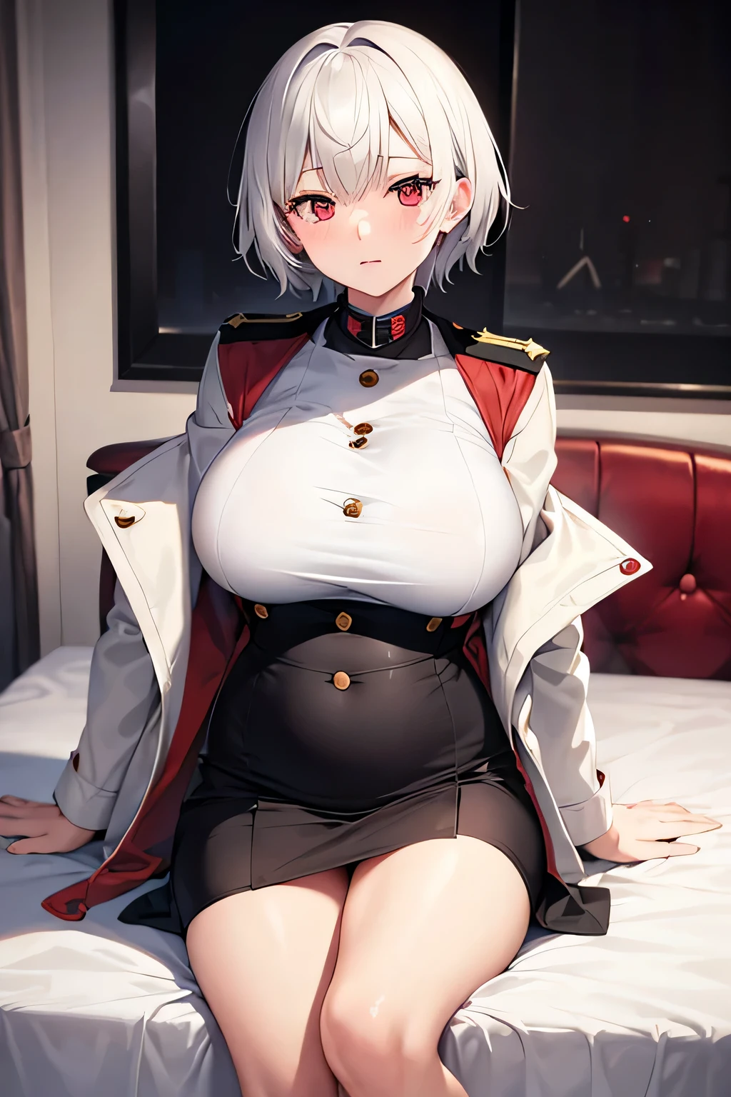 anime,dark room,best quality,8K,white short hair,red eye,over coat,big breast,cute,on the bed,,military uniform,pregnancy,