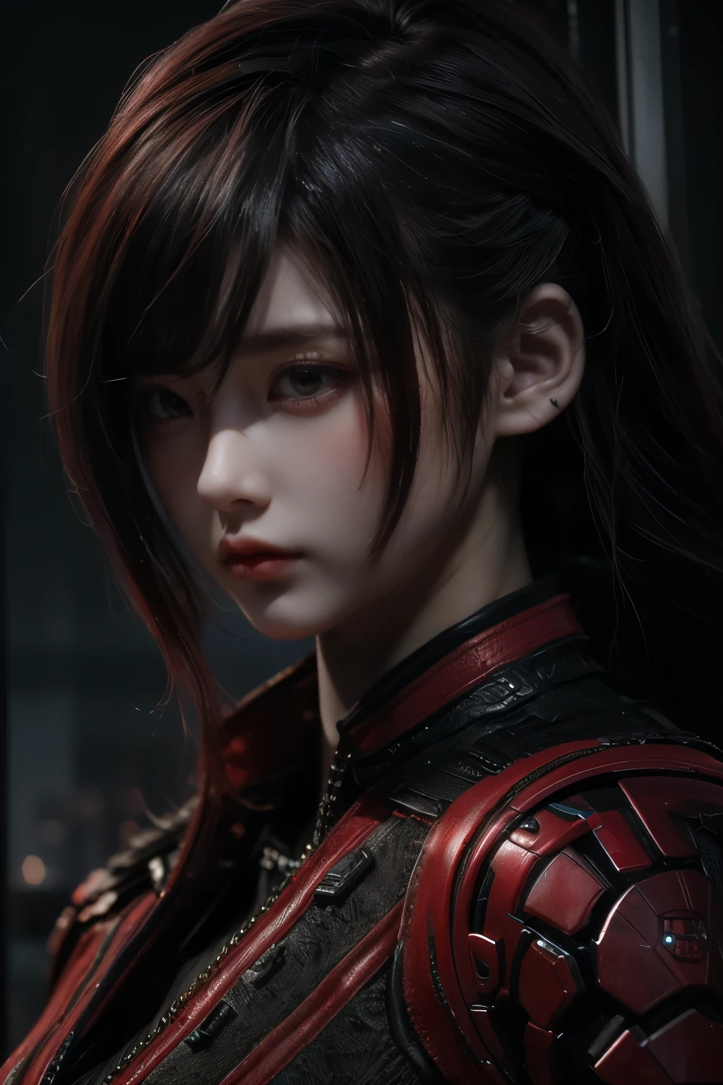 tmasterpiece,Best quality,A high resolution,8K,(Portrait photograph:1.5),(ROriginal photo),real photograph,digital photography,(Combination of cyberpunk and fantasy style),(Female soldier),20 year old girl,random hair style,By bangs,(Red eyeigchest, accessories,Redlip,(He frowned,Sneer),(Cyberpunk combined with fantasy style clothing,Openwork design,joint armor,police uniforms,Red clothes,red colour),exposing your navel,Photo pose,Realisticstyle,Thunder and lightning on rainy day,(Thunder magic),oc render reflection texture