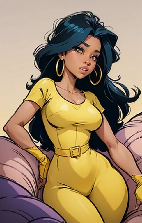 create a digital painting, 4k, JIM EIDOMODE, a cartoon of a woman in a yellow and black outfit, cel - shaded, painted and colored art style, cel shaded!!!, high quality color drawing, digitally colored, color drawing , shaded cel:15, clean shaded cel, colored lineart, in a mixed æon flow style, full colored, colored lineart, fully colored