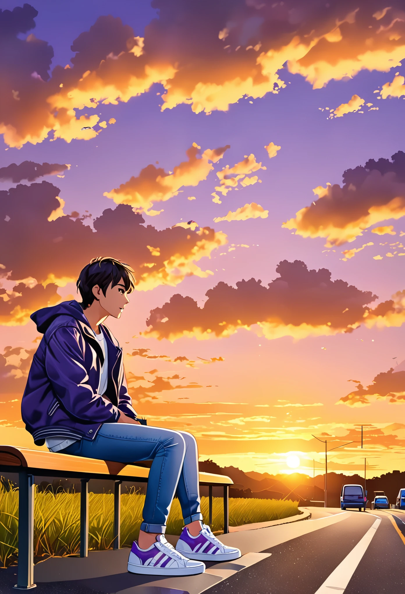 Um garoto estioso usando jaqueta jeans，Wear sneakers，Com um colar，wristwatch，Sit on a wooden bench by the roadside，waiting for the bus,Look at the clouds in the sky during the late afternoon yellow and purple sunset ，Foto de corpo inteiro em close，ultra high definition, SVG,2D