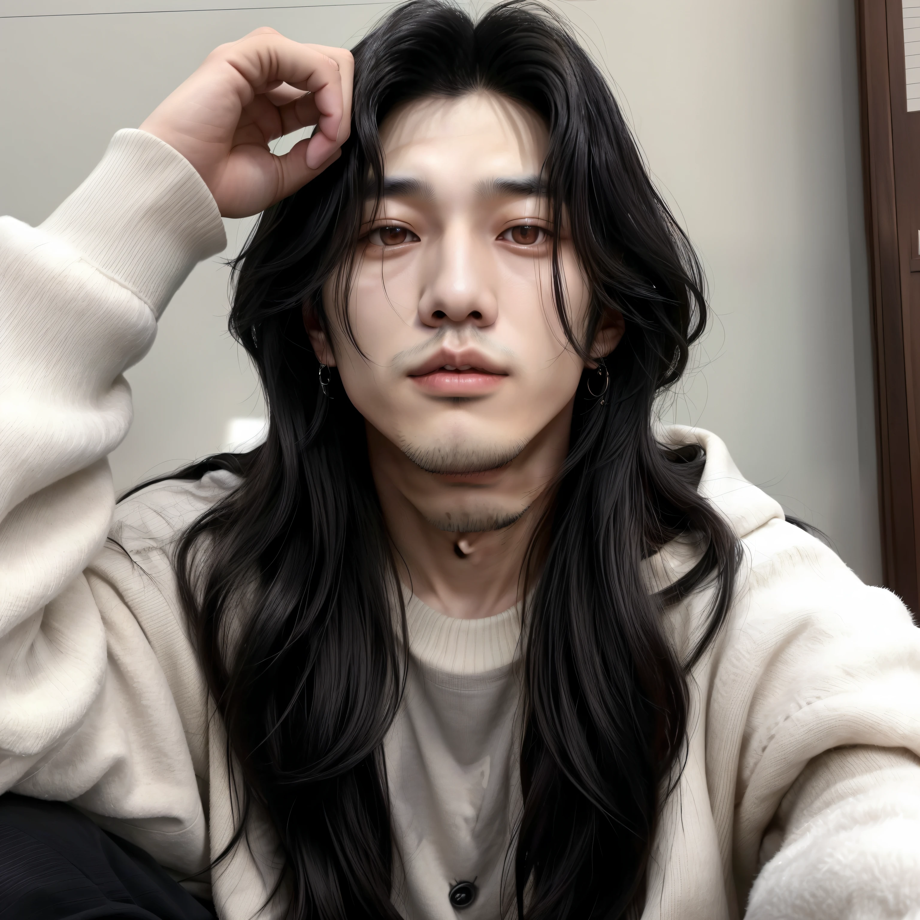 asian man with long black hair sitting, male ulzzang, south korean male, with long hair, inspired by jeon jungkook jungkook, jeon jungkook, young with long hair, with long dark hair, asian male, with his long black hair, inspired by jungkook from bts