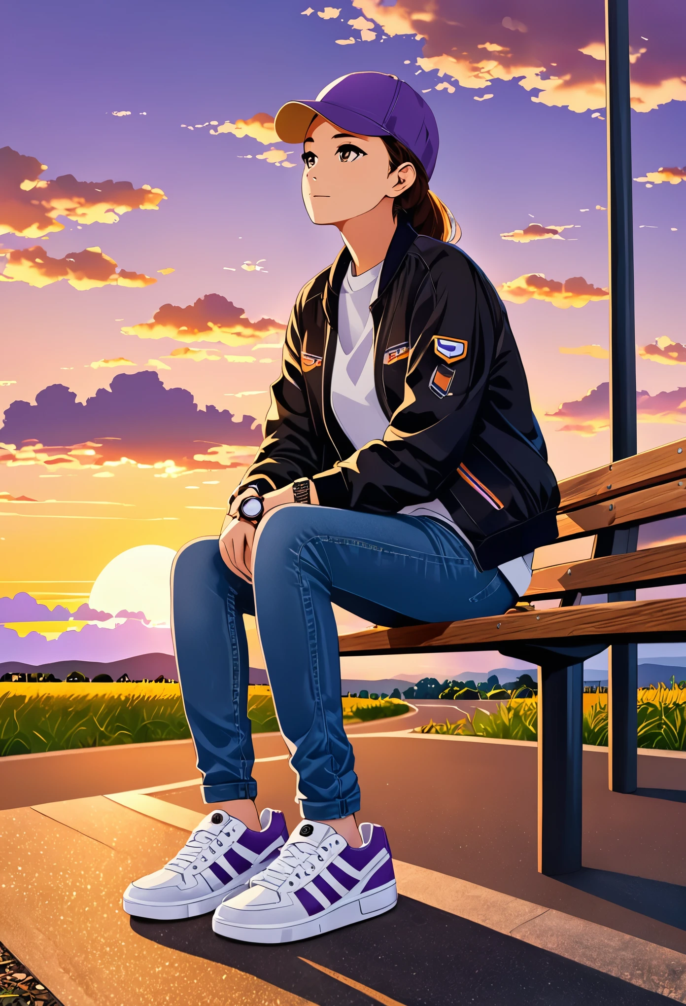 Um garoto estioso usando jaqueta jeans，Wear sneakers，Com um colar，wristwatch，Sit on a wooden bench by the roadside，waiting for the bus,Look at the clouds in the sky during the late afternoon yellow and purple sunset ，Foto de corpo inteiro em close，ultra high definition, SVG,2D