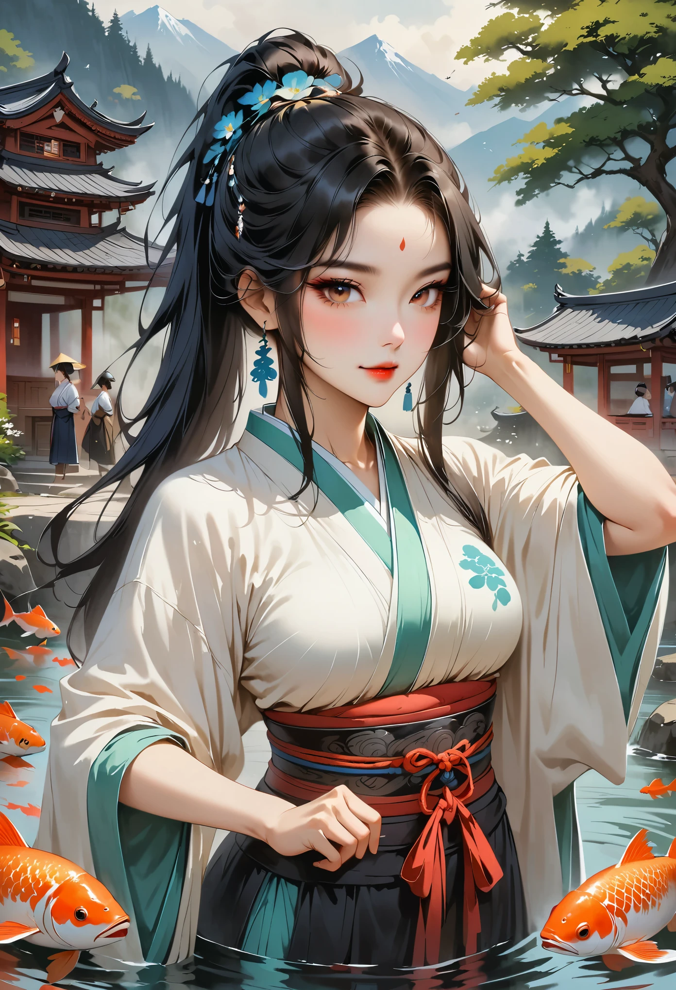 mysterious forest、many animals、fantasy、Urban conditions、Koi in the pond、Japanese style、high detail、anatomically correct、Two age girls、gradient eyes、Smile、draw lots
