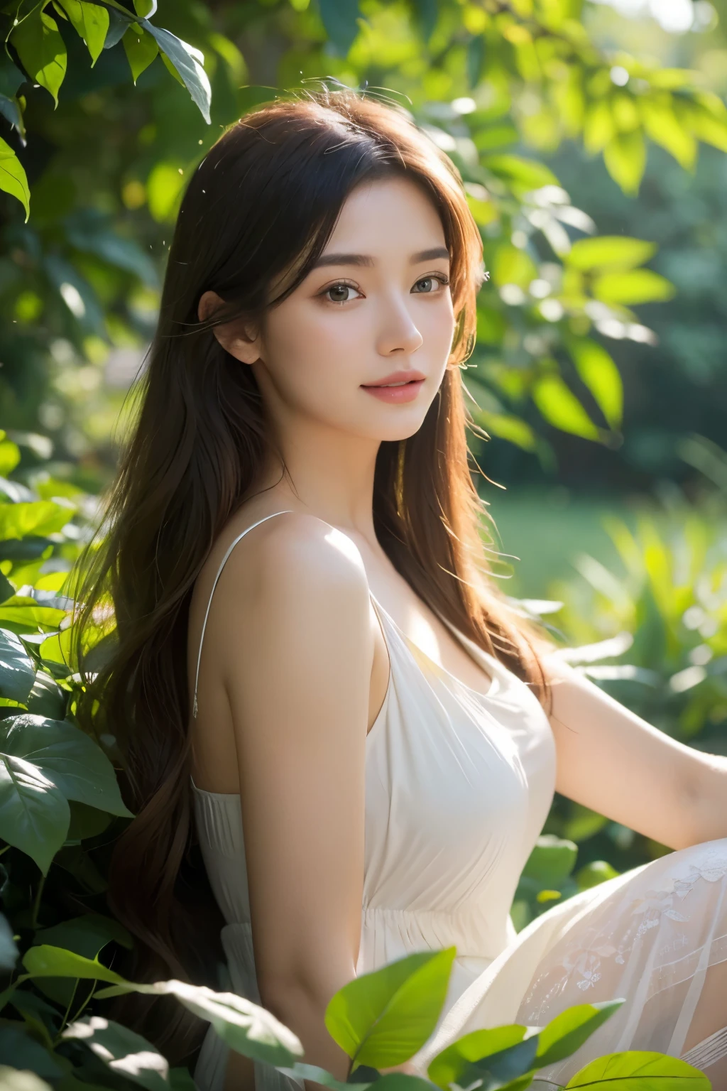 (best quality,4k,8k,highres,masterpiece:1.2),ultra-detailed,(realistic,photorealistic,photo-realistic:1.37),A girl in a garden,illustration,soft lighting,vibrant colors,greenery,detailed flowers,peaceful atmosphere,casually sitting,comfortable,relaxed,pleasant,medium:oil painting,beautiful detailed eyes,beautiful detailed lips,long eyelashes,gentle smile,flowing hair,feminine features,subtle sunlight filtering through the leaves,blurred background,lush trees and bushes,butterflies flying around,light breeze,stunning nature,optimistic,serene