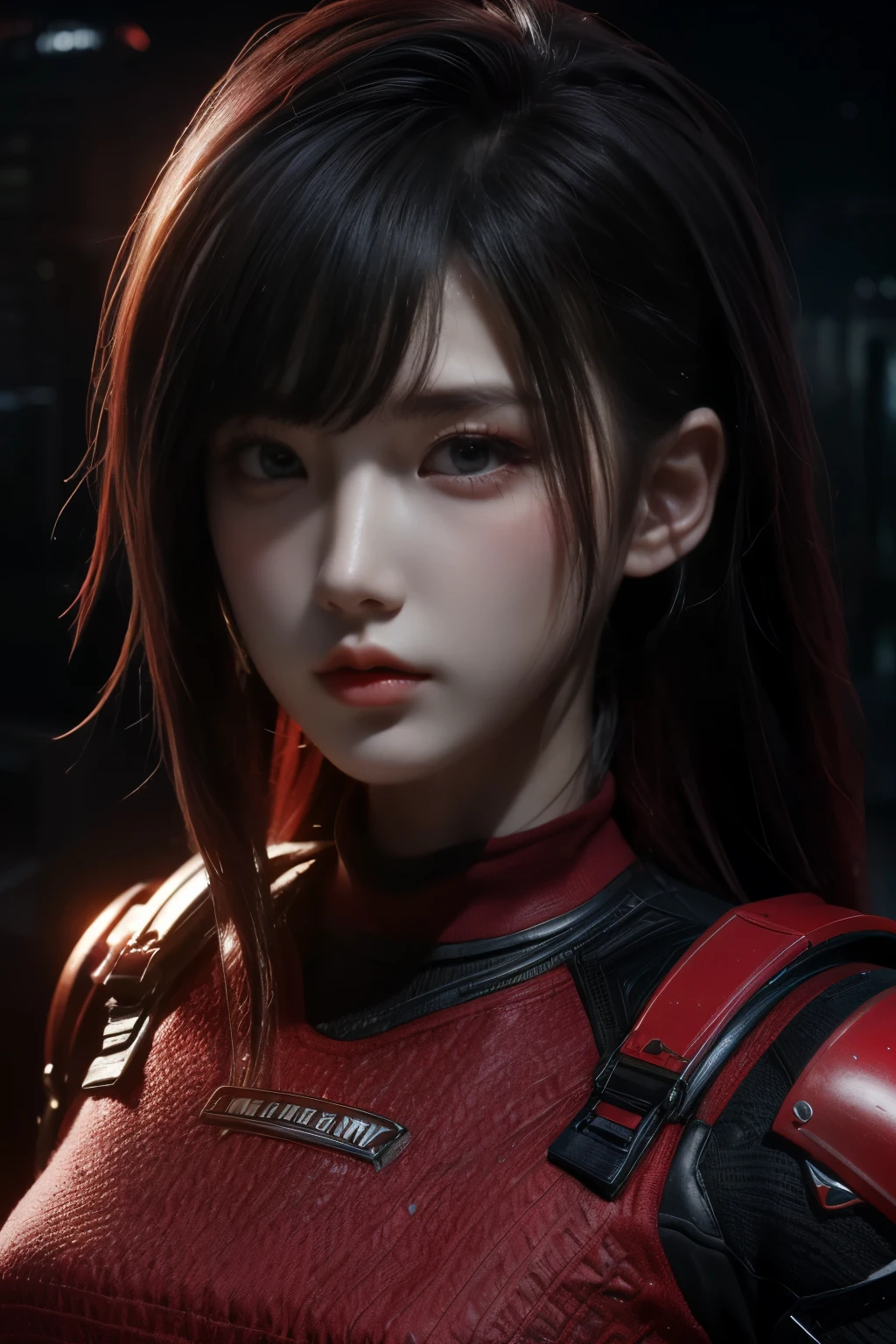 tmasterpiece,Best quality,A high resolution,8K,(Portrait photograph:1.5),(ROriginal photo),real photograph,digital photography,(Combination of cyberpunk and fantasy style),(Female soldier),20 year old girl,random hair style,By bangs,(Red eyeigchest, accessories,Redlip,(He frowned,Sneer),(Cyberpunk combined with fantasy style clothing,Openwork design,joint armor,police uniforms,Red clothes,red colour),exposing your navel,Photo pose,Realisticstyle,Thunder and lightning on rainy day,(Thunder magic),oc render reflection texture