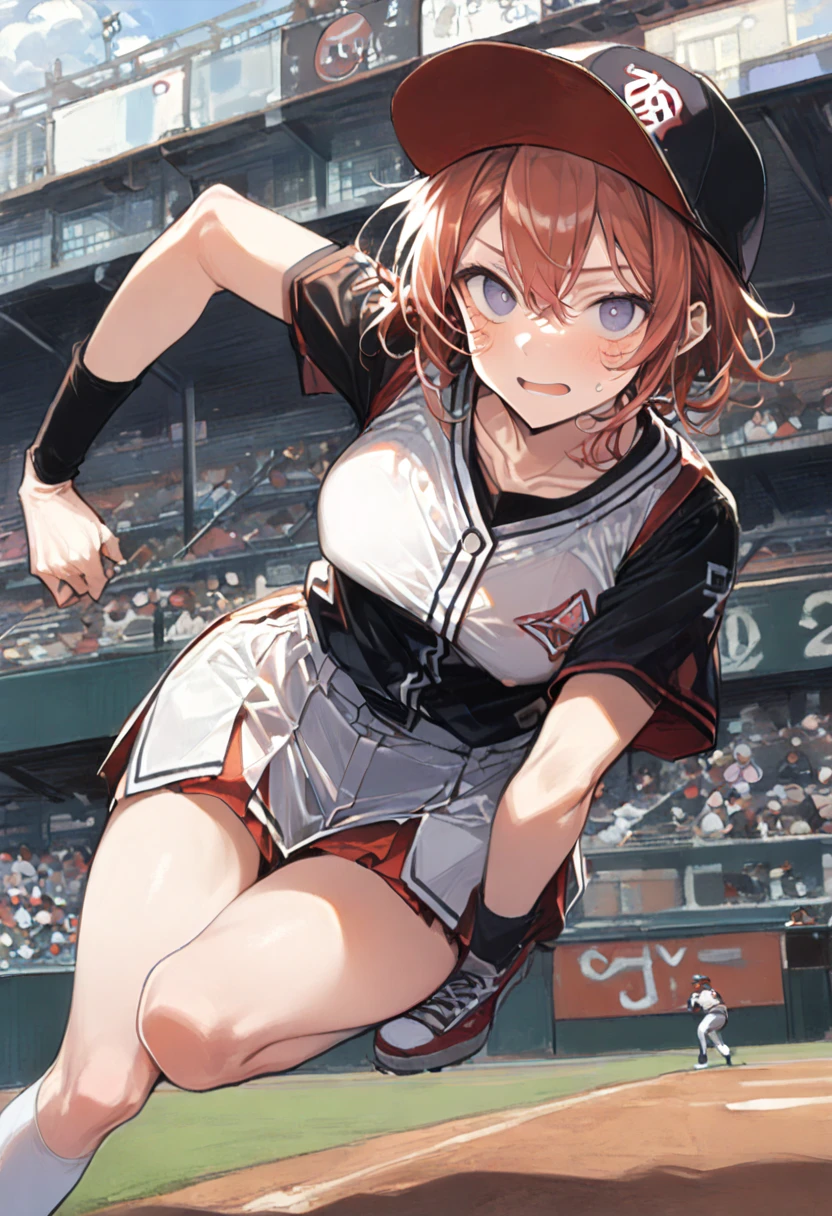 girl, baseball Server, Baseball cap, baseball field, ready to throw baseball, realistic, detailed background, (masterpiece, best quality, perfect composition, very aesthetic, absurdres, ultra-detailed, intricate details, Professional, official art, Representative work:1.3), (Animagine:0.01)