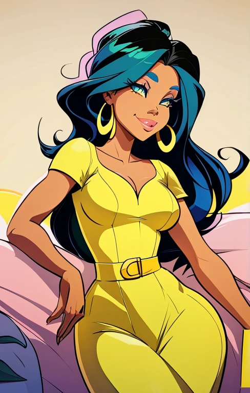 create a digital painting, 4k, JIM EIDOMODE, a cartoon of a woman in a yellow and black outfit, cel - shaded, painted and colored art style, cel shaded!!!, high quality color drawing, digitally colored, color drawing , shaded cel:15, clean shaded cel, colored lineart, in a mixed æon flow style, full colored, colored lineart, fully colored