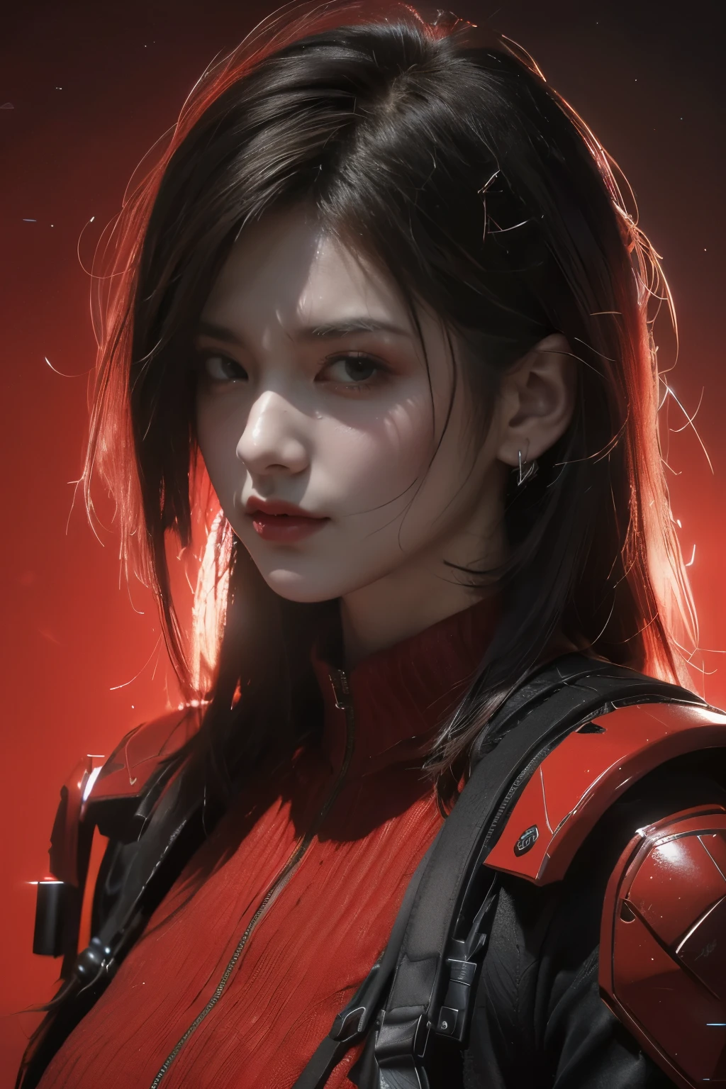 tmasterpiece,Best quality,A high resolution,8K,(Portrait photograph:1.5),(ROriginal photo),real photograph,digital photography,(Combination of cyberpunk and fantasy style),(Female soldier),20 year old girl,random hair style,By bangs,(Red eyeigchest, accessories,Redlip,(He frowned,Sneer),(Cyberpunk combined with fantasy style clothing,Openwork design,joint armor,police uniforms,Red clothes,red colour),exposing your navel,Photo pose,Realisticstyle,Thunder and lightning on rainy day,(Thunder magic),oc render reflection texture