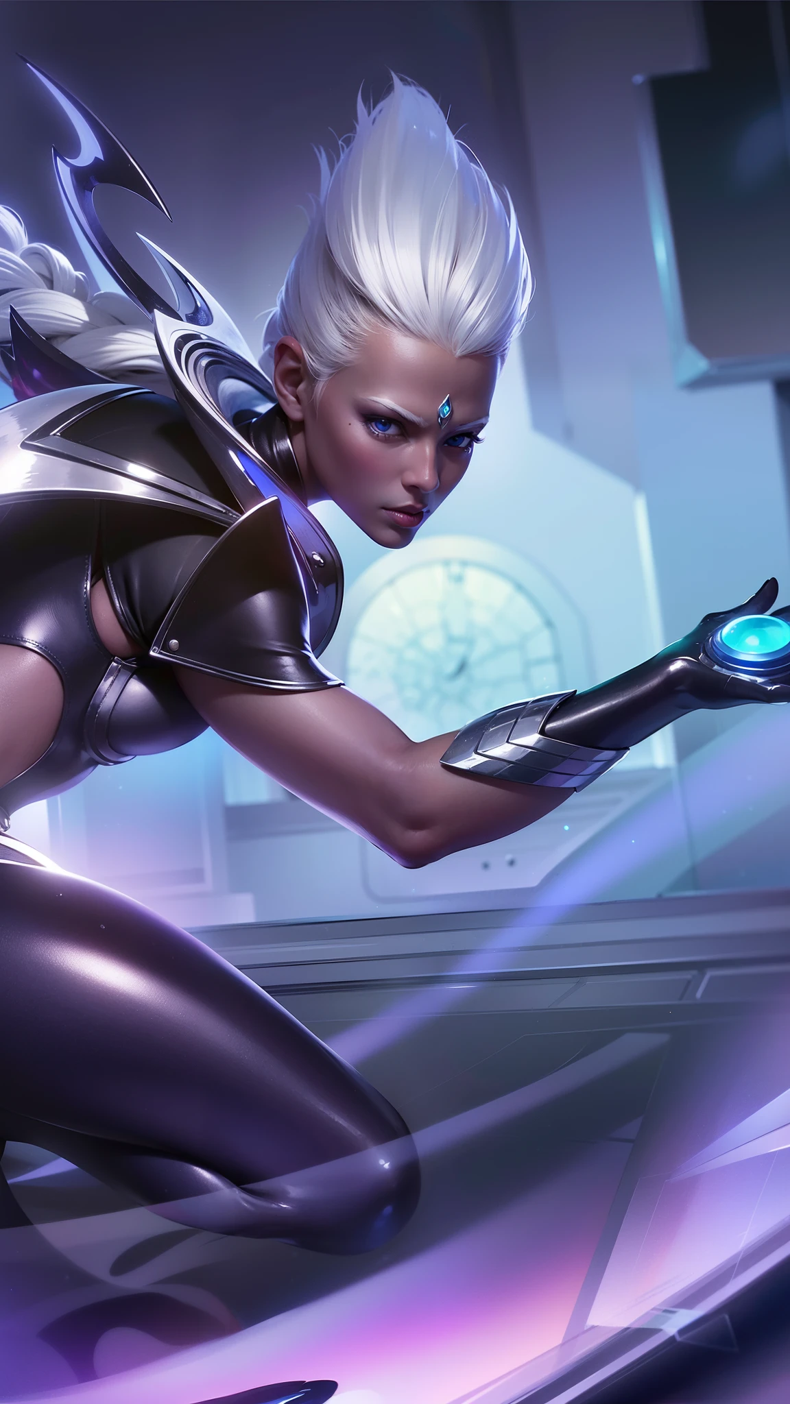 Woman a black outfit holding a blue light, platinum skin, 8k, ultra hd, ultra detailed texture, hyper realistic, masterpiece, detailed texture, detailed face, detailed skin, detailed lighting, (photorealistic:1.5), best quality, beautiful lighting, cinematic lighting, professional lighting, ultra highres, realistic, detailed hair, real hair, high quality, (realskin:1.5), extremely detailed, finely detail, ultra-detailed, white hair, blue eyes.