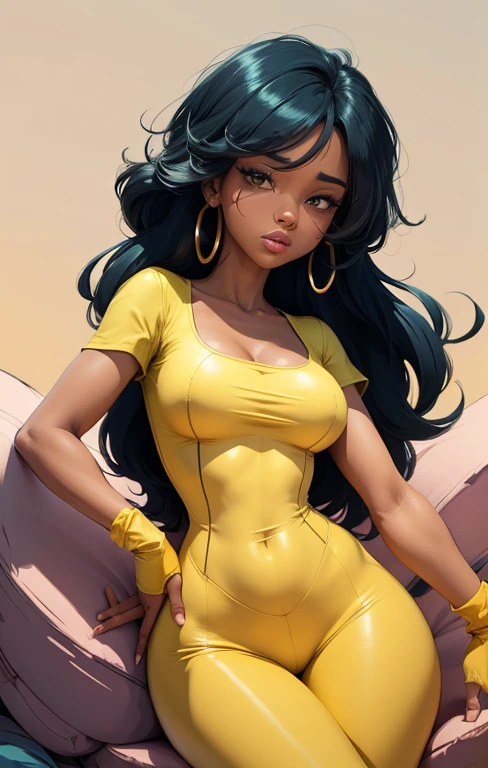 create a digital painting, 4k, JIM EIDOMODE, a cartoon of a woman in a yellow and black outfit, cel - shaded, painted and colored art style, cel shaded!!!, high quality color drawing, digitally colored, color drawing , shaded cel:15, clean shaded cel, colored lineart, in a mixed æon flow style, full colored, colored lineart, fully colored
