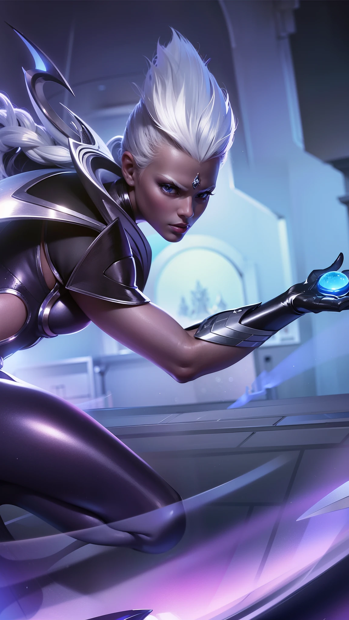 Woman a black outfit holding a blue light, platinum skin, 8k, ultra hd, ultra detailed texture, hyper realistic, masterpiece, detailed texture, detailed face, detailed skin, detailed lighting, (photorealistic:1.5), best quality, beautiful lighting, cinematic lighting, professional lighting, ultra highres, realistic, detailed hair, real hair, high quality, (realskin:1.5), extremely detailed, finely detail, ultra-detailed, white hair, blue eyes.