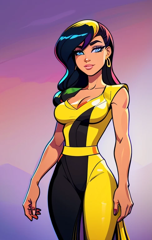 create a digital painting, 4k, JIM EIDOMODE, a cartoon of a woman in a yellow and black outfit, cel - shaded, painted and colored art style, cel shaded!!!, high quality color drawing, digitally colored, color drawing , shaded cel:15, clean shaded cel, colored lineart, in a mixed æon flow style, full colored, colored lineart, fully colored