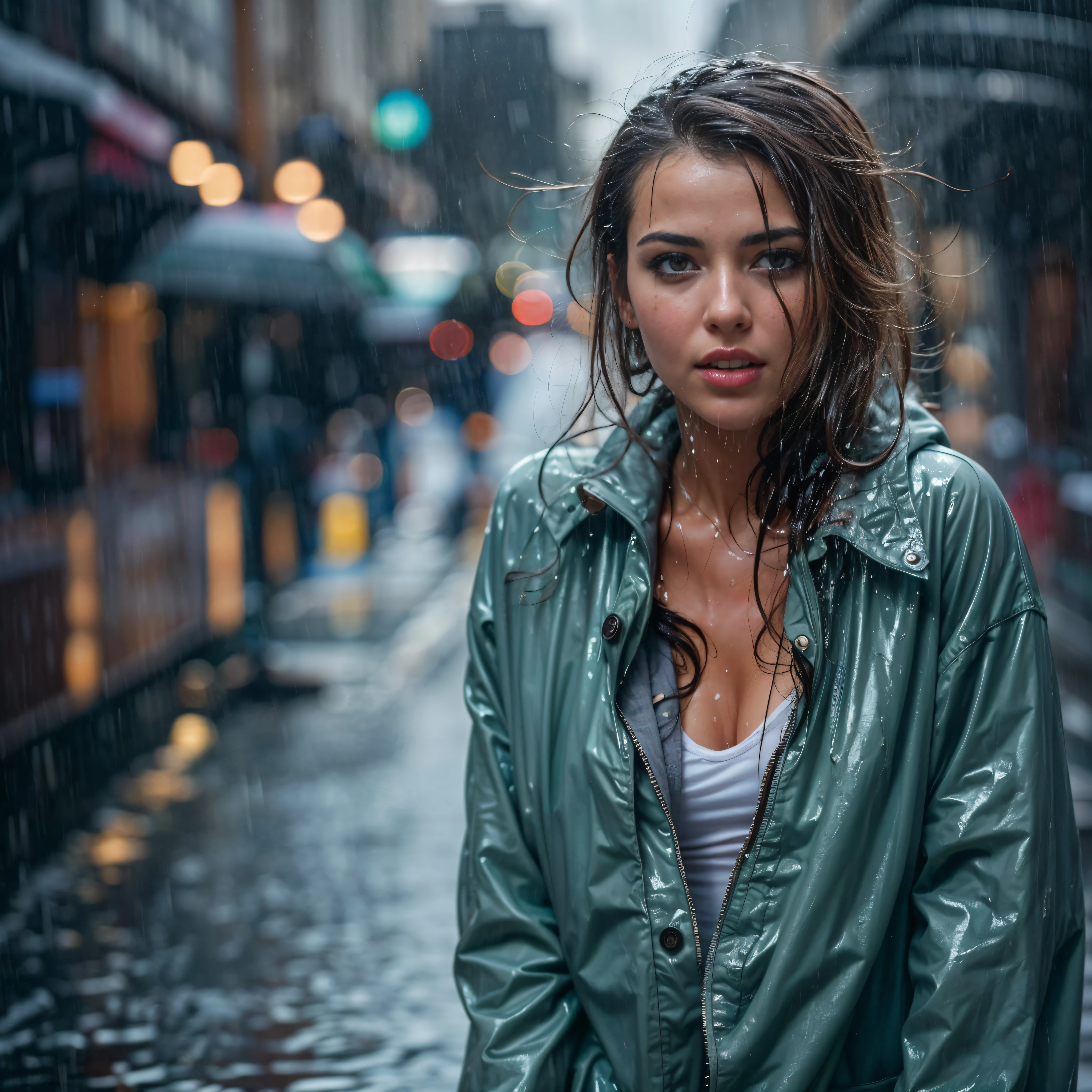 ((best quality)), ((masterpiece)), (detailed), glammed up woman caught in a downpour, wet hair, wet clothes, soaked, dripping wet, city street, full length shot