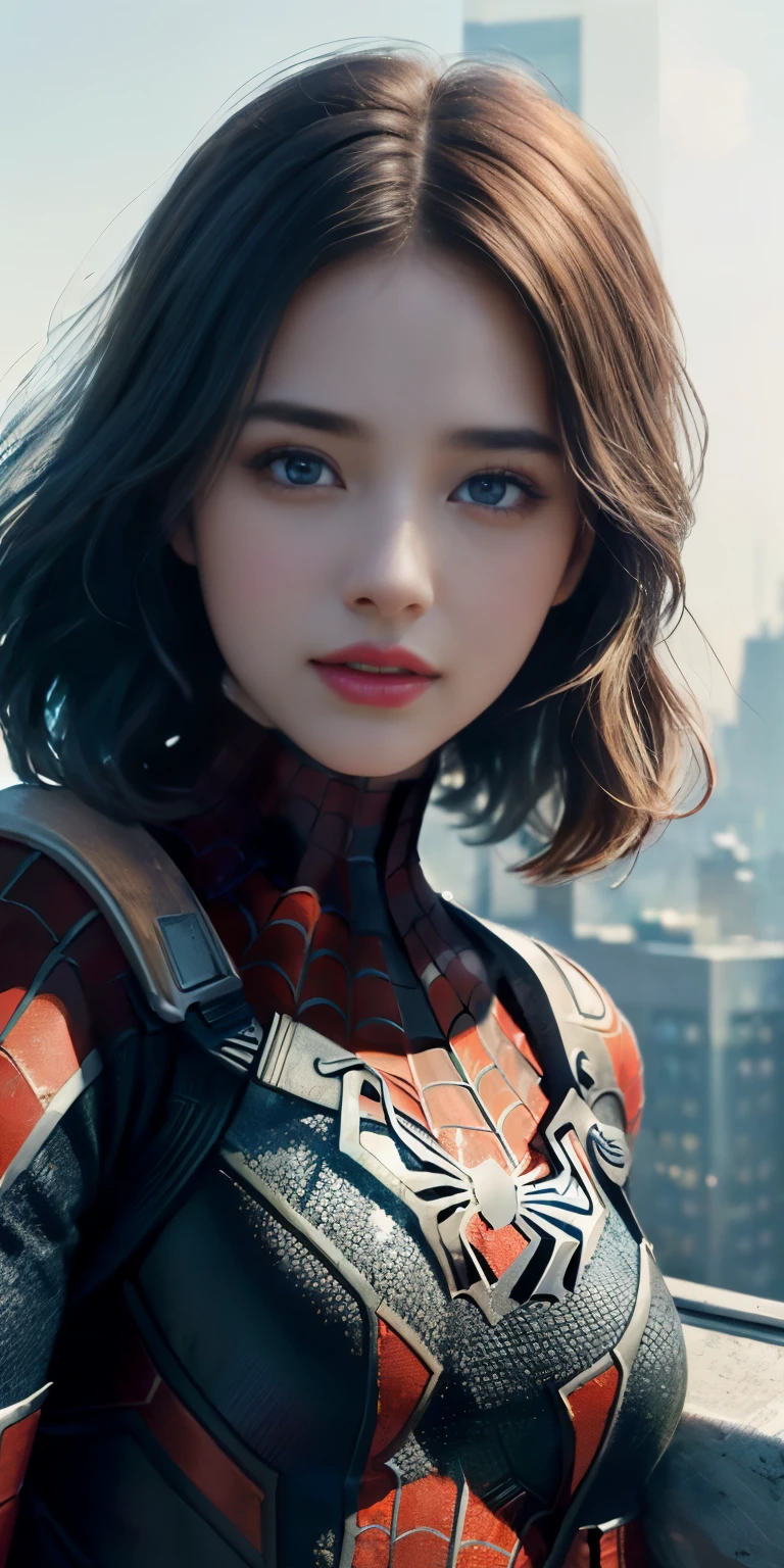 (1girl:1.3), Solo, (((Very detailed face)))), ((Very detailed eyes and face)))), Beautiful detail eyes, Body parts__, Official art, Unified 8k wallpaper, Super detailed, beautiful and beautiful, beautiful, masterpiece, best quality, original, masterpiece, super fine photo, best quality, super high resolution, realistic realism, sunlight, full body portrait, amazing beauty, dynamic pose, delicate face, vibrant eyes, (from the front), She wears Spider-Man suit, red and black color scheme, spider, very detailed city roof background, rooftop, overlooking the city, detailed face, detailed complex busy background, messy, gorgeous, milky white, highly detailed skin, realistic skin details, visible pores, clear focus, volumetric fog, 8k uhd, DSLR, high quality, film grain, fair skin, photo realism, lomography, futuristic dystopian megalopolis, translucent