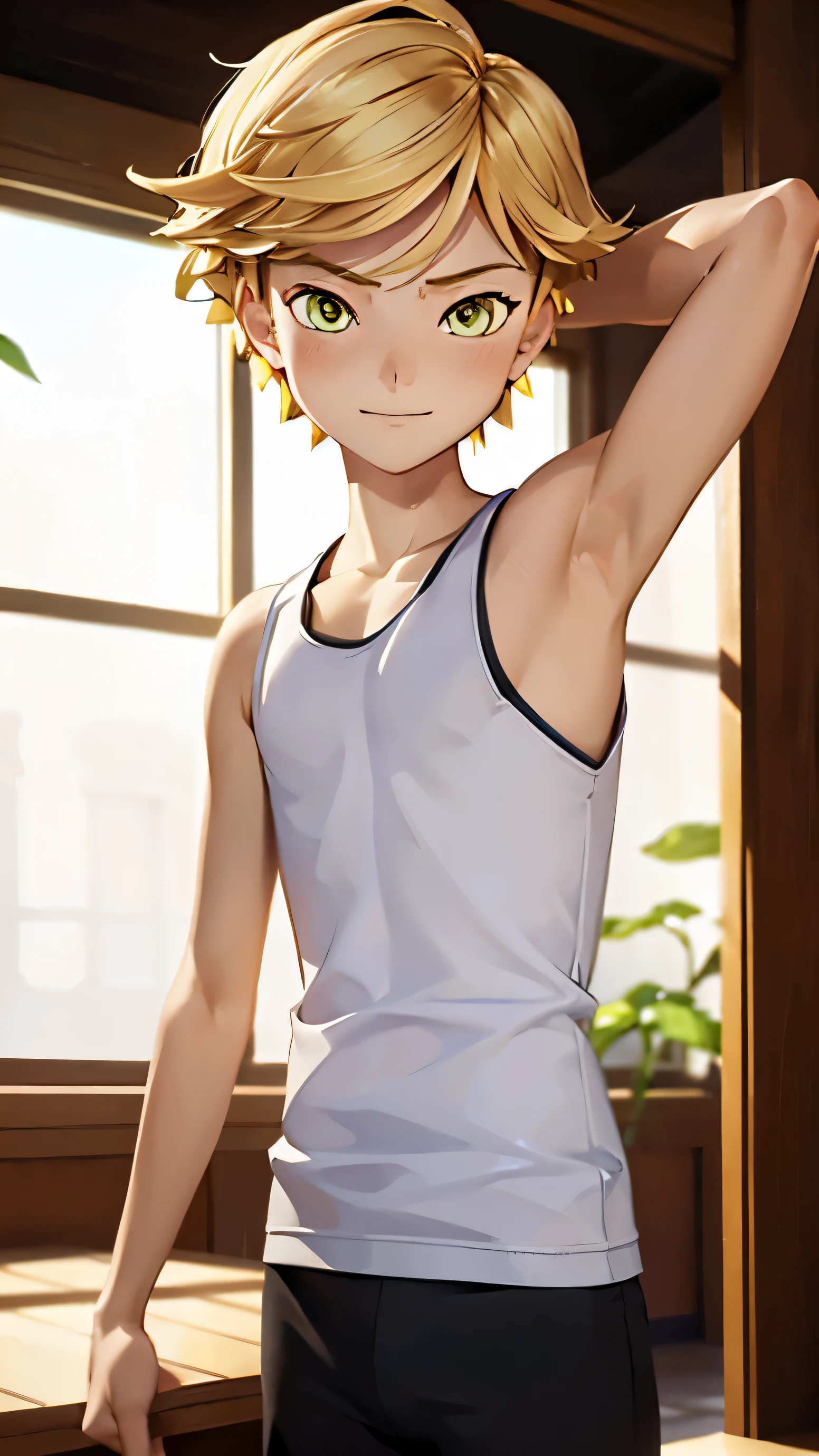 highres,Masterpiece， Best quality at best,Best Quality,hight quality, hight detailed, realistic, photorealistic, Anime style, 1boy,  Boy, Adrien, indoor, Cheerful boy, basket uniform,Tank Tops, Blonde, (Show his armpit), boy focus