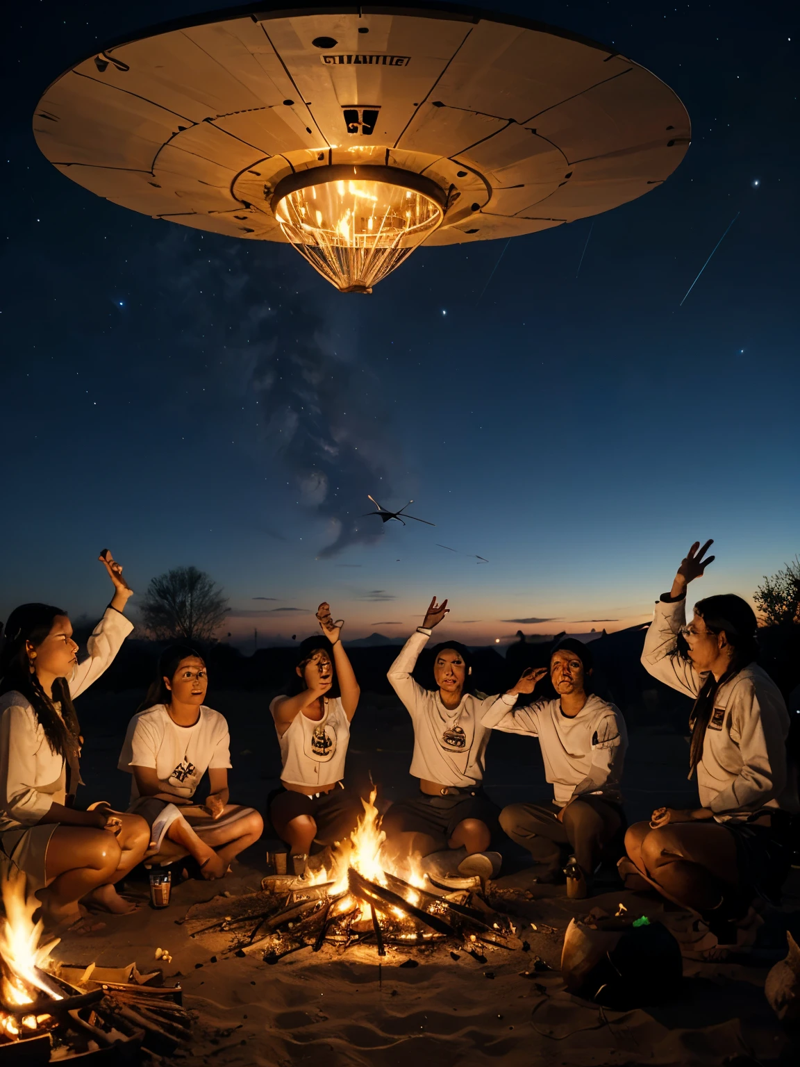 hopi tribe making contact with a flyingsaucer from sirius. Many hopi natives with hands up around a ritualistcal bonfire circle
