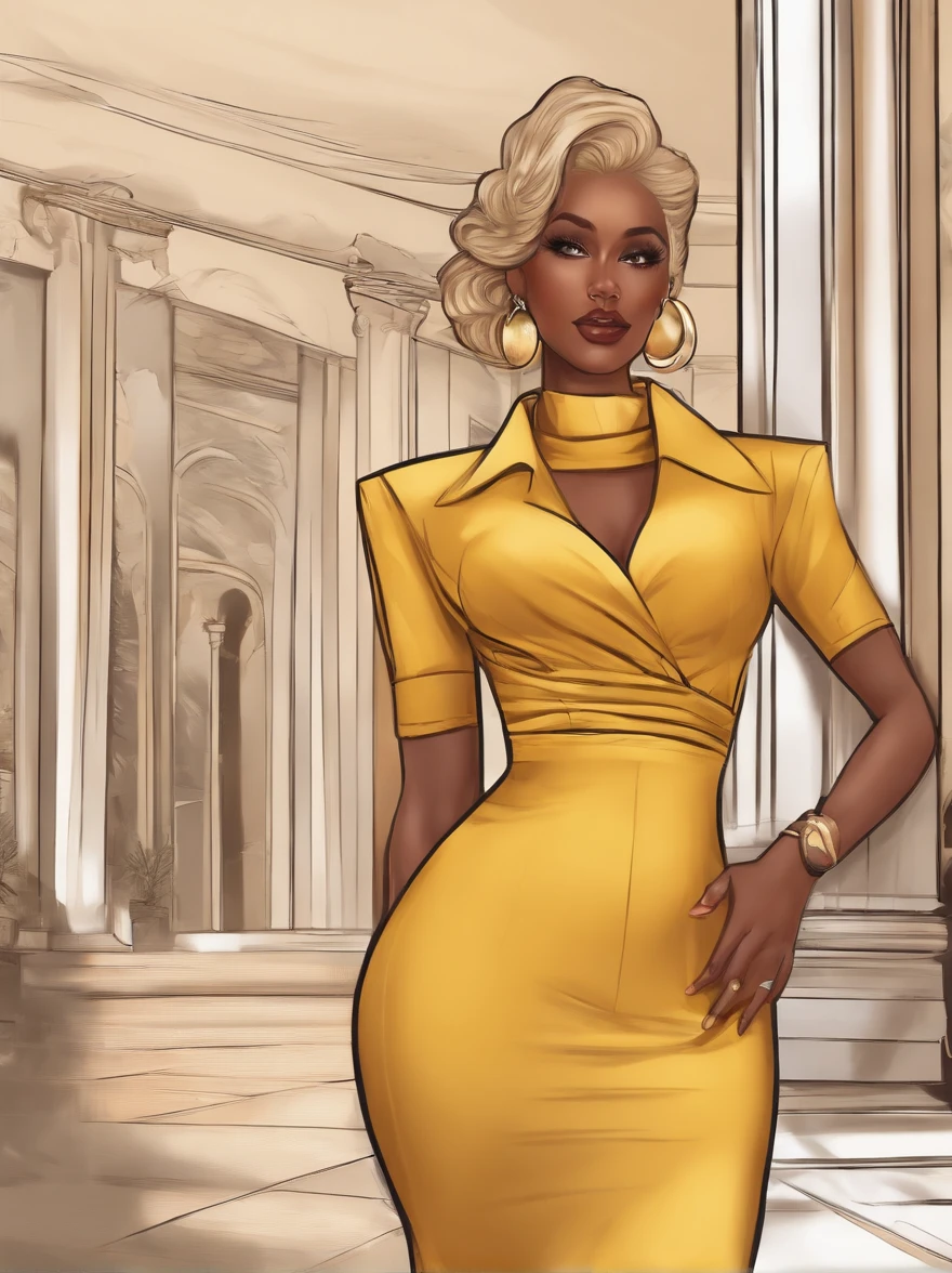 create a digital painting, 4k, JIM EIDOMODE, a cartoon of a woman in a yellow and black outfit, cel - shaded, painted and colored art style, cel shaded!!!, high quality color drawing, digitally colored, color drawing , shaded cel:15, clean shaded cel, colored lineart, in a mixed æon flow style, full colored, colored lineart, fully colored