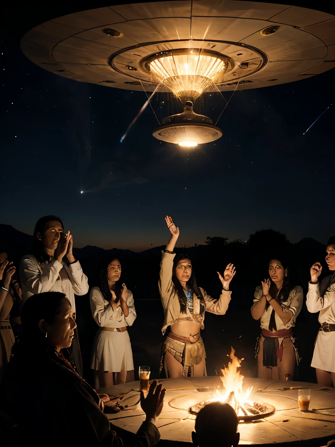 hopi tribe making contact with a flyingsaucer from sirius. Many natives with hands up around a ritualistcal circle
