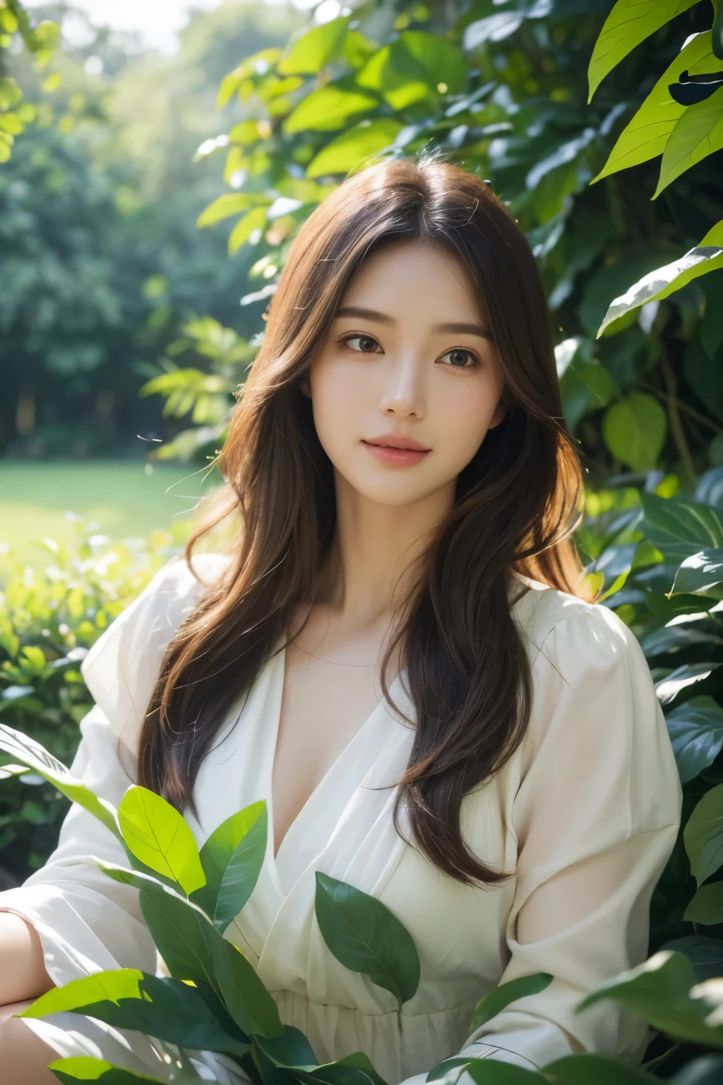 (best quality,4k,8k,highres,masterpiece:1.2),ultra-detailed,(realistic,photorealistic,photo-realistic:1.37),A girl in a garden,illustration,soft lighting,vibrant colors,greenery,detailed flowers,peaceful atmosphere,casually sitting,comfortable,relaxed,pleasant,medium:oil painting,beautiful detailed eyes,beautiful detailed lips,long eyelashes,gentle smile,flowing hair,feminine features,subtle sunlight filtering through the leaves,blurred background,lush trees and bushes,butterflies flying around,light breeze,stunning nature,optimistic,serene