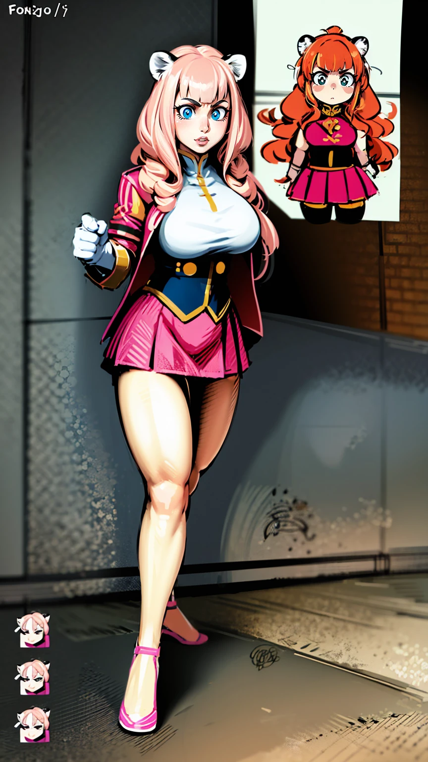, tiger ears, tiger tails, martial art, medium chest, pink hair, skirt, jacket, godess,1girl,coat,standing,, solo focus.1character, holy catholic mountain,refsheet, character focus, 1character,