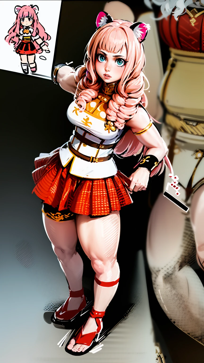 , tiger ears, tiger tails, martial art, medium chest, pink hair, skirt, jacket, godess,1girl,coat,standing,, solo focus.1character, holy catholic mountain,refsheet, character focus, 1character,