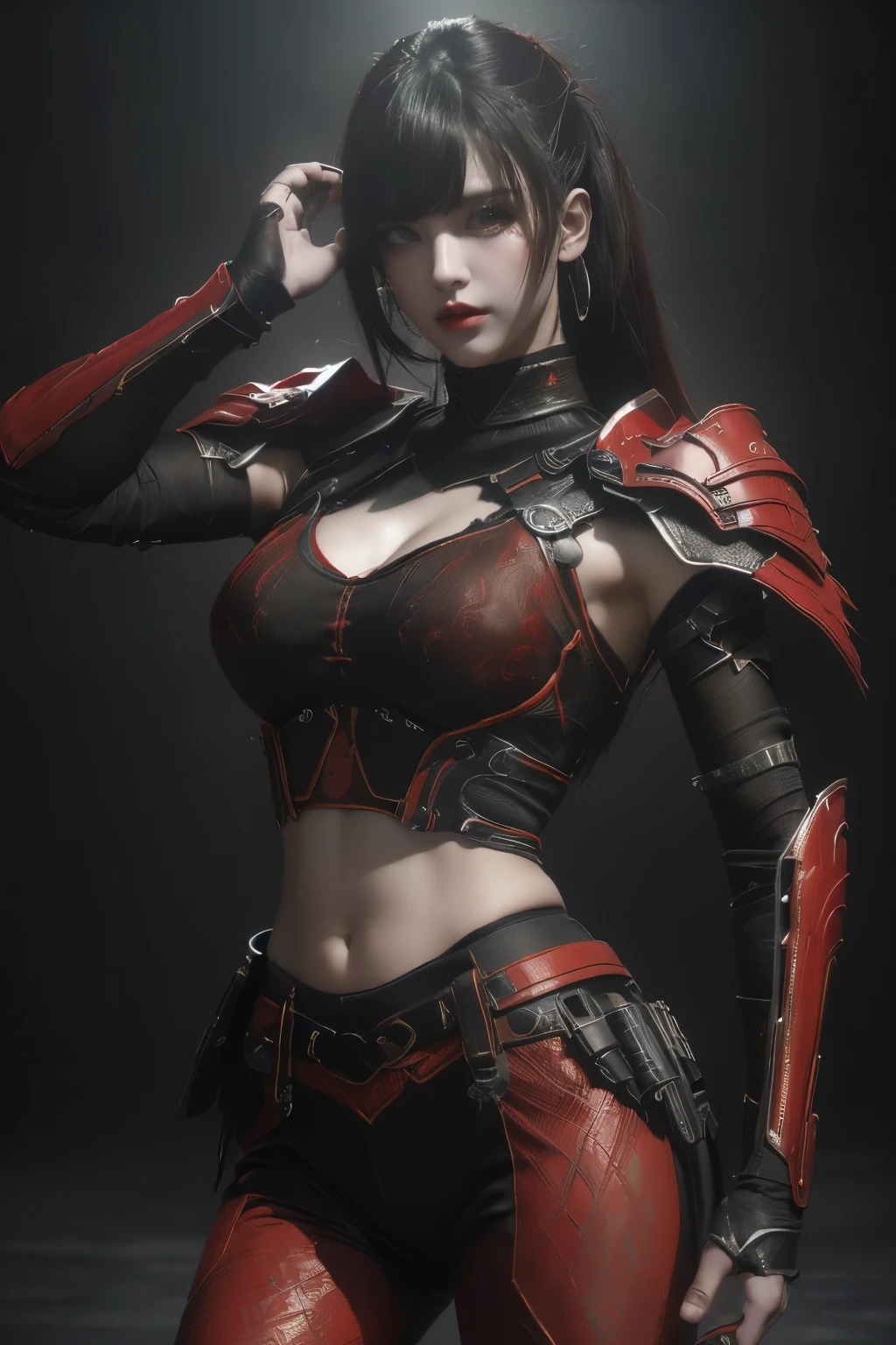 tmasterpiece,Best quality,A high resolution,8K,(Portrait photograph:1.5),(ROriginal photo),real photograph,digital photography,(Combination of cyberpunk and fantasy style),(Female soldier),20 year old girl,random hair style,By bangs,(Red eyeigchest, accessories,Redlip,(He frowned,Sneer),(Cyberpunk combined with fantasy style clothing,Openwork design,joint armor,police uniforms,Red clothes,red colour),exposing your navel,Photo pose,Realisticstyle,Thunder and lightning on rainy day,(Thunder magic),oc render reflection texture