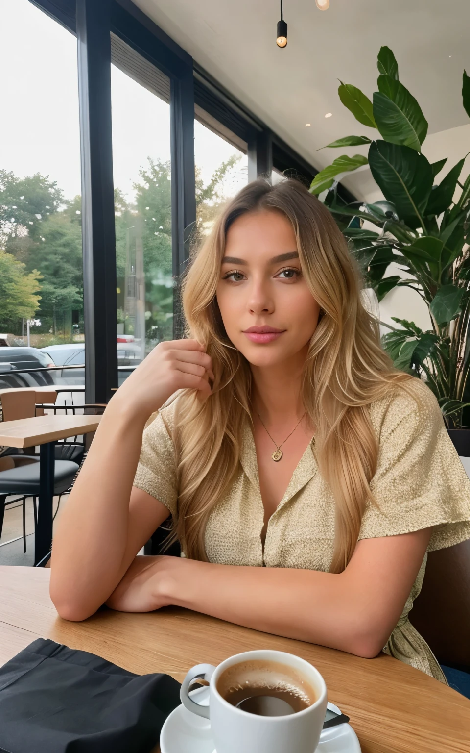 ((instagram foto))) Blonde influencer with natural wavy long hair,Influencer sits relaxed in a cafe and holds a cup of coffee, while a dog lies peacefully under the table. The scene radiates coziness and harmony, 8k, extremely detailed, Fotorealistisch, komplizierte Details, realistische Hauttextur, realistische Haare, Textur, Cheerful, 8k uhd, Best quality, high resolution, Detailgenauigkeit, big ,