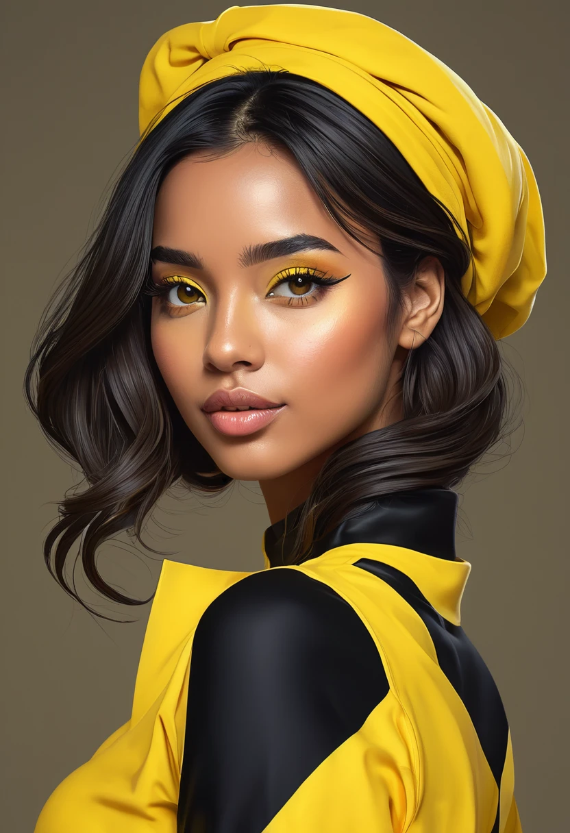 create a digital painting, 4k, JIM EIDOMODE, a cartoon of a woman in a yellow and black outfit, cel - shaded, painted and colored art style, cel shaded!!!, high quality color drawing, digitally colored, color drawing , shaded cel:15, clean shaded cel, colored lineart, in a mixed æon flow style, full colored, colored lineart, fully colored