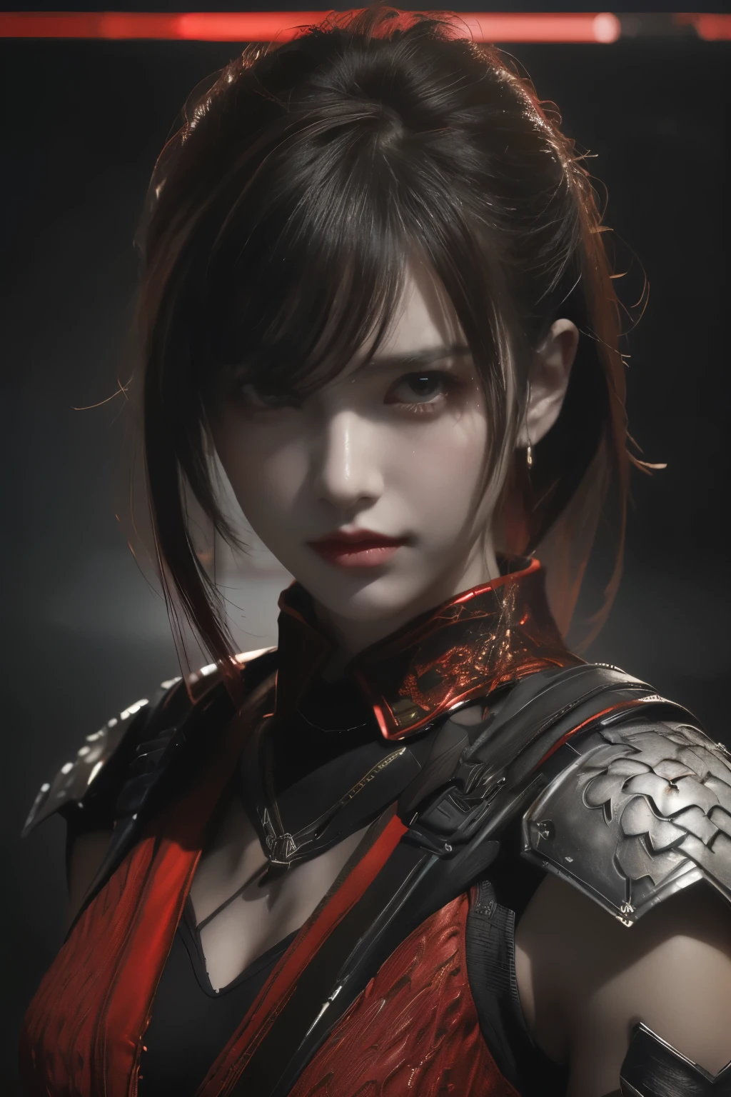 tmasterpiece,Best quality,A high resolution,8K,(Portrait photograph:1.5),(ROriginal photo),real photograph,digital photography,(Combination of cyberpunk and fantasy style),(Female soldier),20 year old girl,random hair style,By bangs,(Red eyeigchest, accessories,Redlip,(He frowned,Sneer),(Cyberpunk combined with fantasy style clothing,Openwork design,joint armor,police uniforms,Red clothes,red colour),exposing your navel,Photo pose,Realisticstyle,Thunder and lightning on rainy day,(Thunder magic),oc render reflection texture