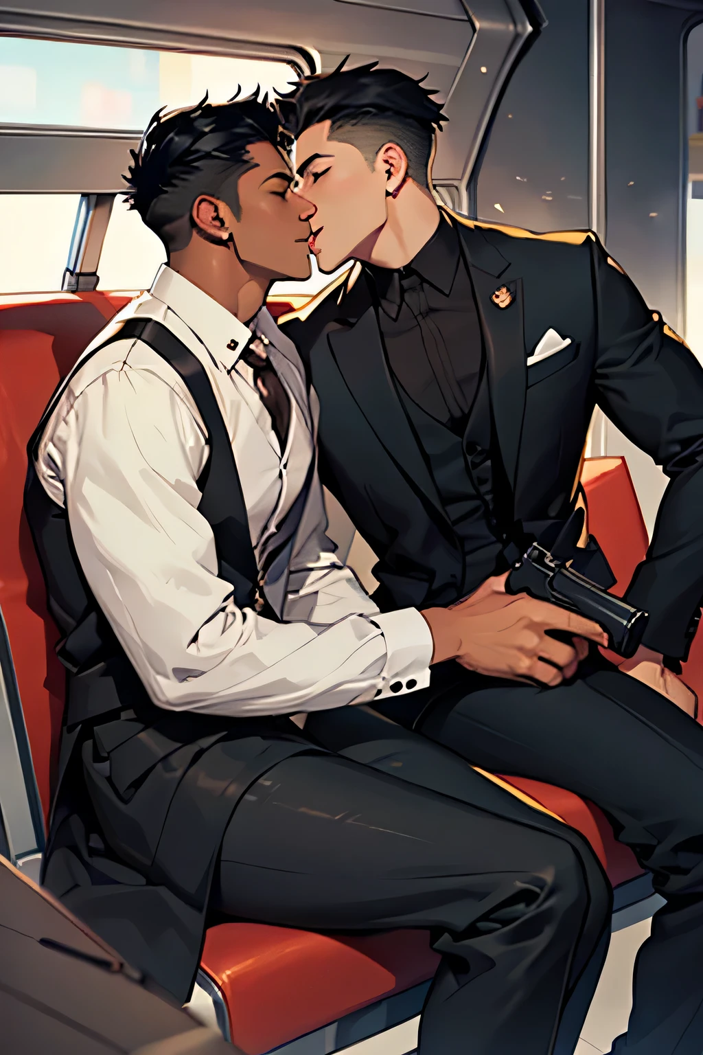 Black young people, black hair, short hair, High, black suit, brown eyes, direction, Smile, gun, fair,Two young men who look similar,sit together,kiss