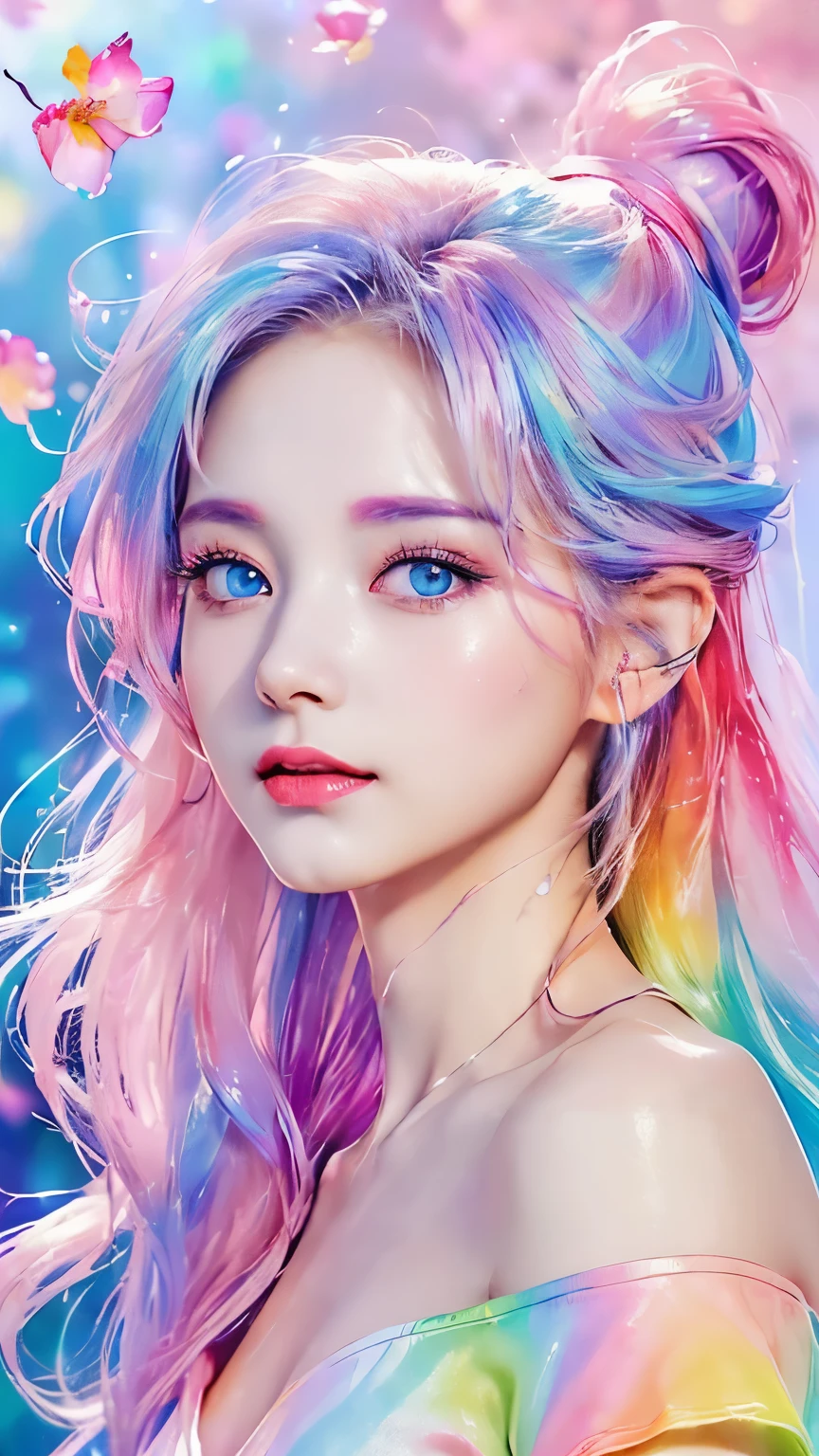 (Pink Fashion T-shirt:1.9),(Colorful hair: 1.8), (all the colours of the rainbow: 1.8),(((((vertical painting:1.6))), (painting:1.6),front, comics, illustrations, paintings, large eyes, crystal clear eyes,( rainbow color gradient high ponytail:1.7), exquisite makeup, closed mouth,(Small Fresh: 1.5),(Wipe Chest: 1.6) ,long eyelashes, white off shoulder T-shirt, White Shoulder Shirt,looking at the audience, large watery eyes, (rainbow colored hair:1.6), color splash, (solo:1.8), color splash, color explosion, thick paint style, messy lines, ((shining)),(colorful), (colorful), (colorful), colorful, Thick Paint Style, (Splash) (Color Splash), Vertical Painting, Upper Body, Paint Splash, Acrylic Pigment, Gradient, Paint, Highest Image Quality, Highest Quality, Masterpiece, Solo, Depth of Field, Face Paint, colorful clothes, (Elegant: 1.2), gorgeous,long hair, wind, (Elegant: 1.3), (Petals: 1.4),(((masterpiece))),(((best quality))),((ultra-detailed)),(illustration),(dynamic angle),((floating)),(paint),((disheveled hair)),(solo),(1girl) , (((detailed anima face))),((beautiful detailed face)),collar,bare shoulders,white hair, ((colorful hair)),((streaked hair)),beautiful detailed eyes,(Gradient color eyes),(((colorful eyes))),(((colorful background))),(((high saturation))),(((surrounded by colorful splashes))),